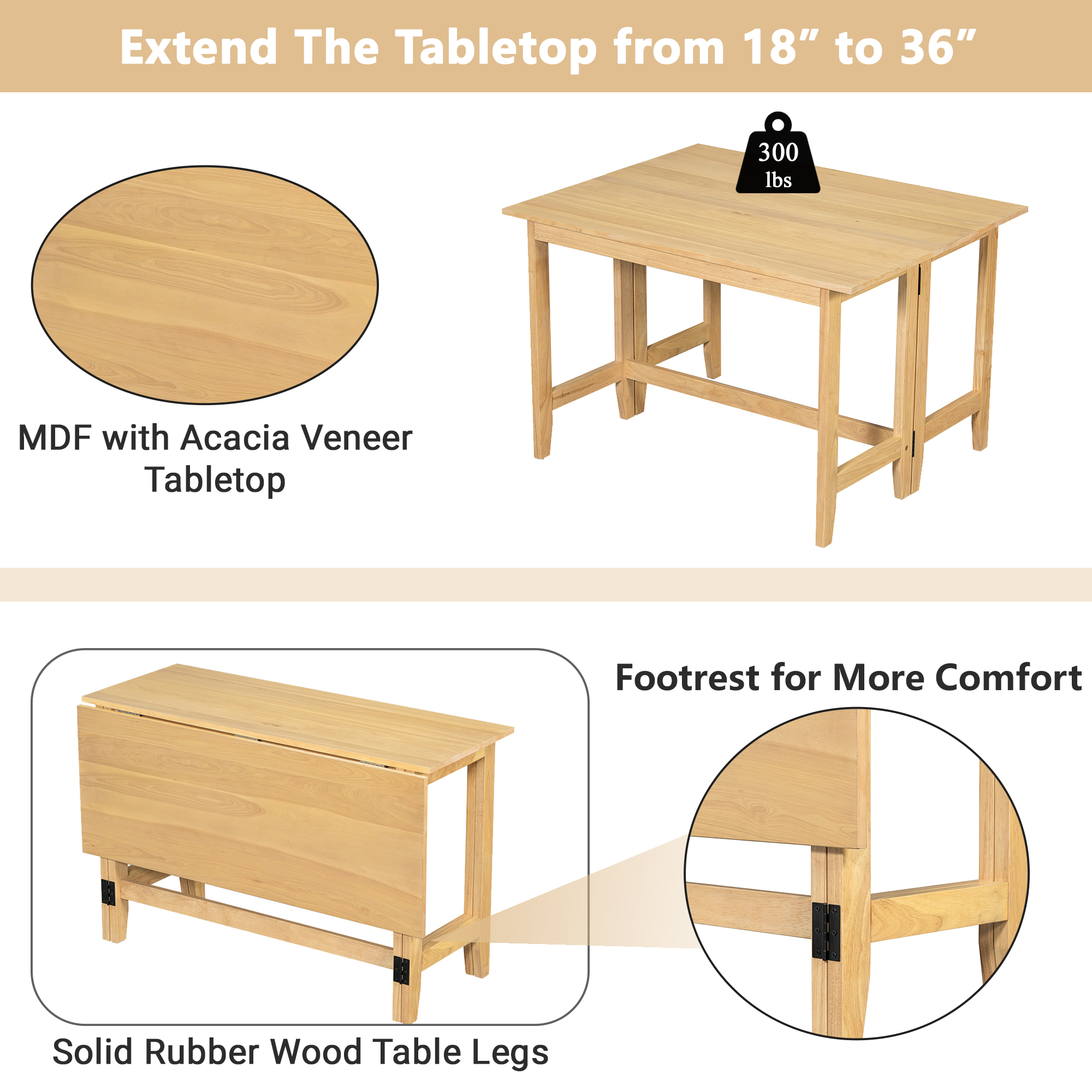 TOPMAX Farmhouse Wood Extendable Dining Table with Drop Leaf for Small Places, Natural(OLD SKU:N717P195019) - Image 3