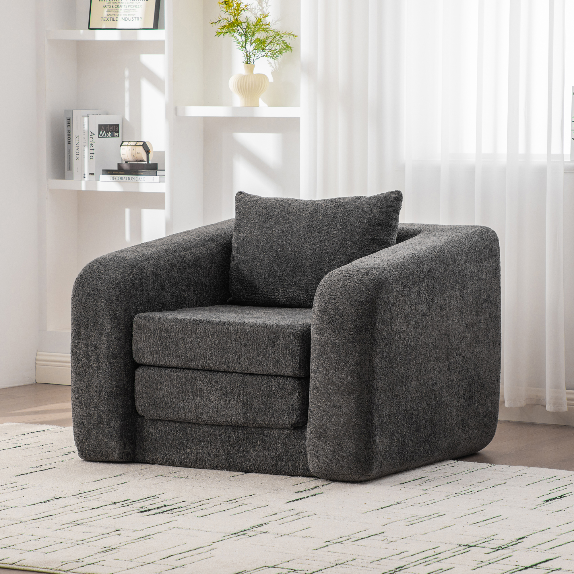 40" Foldable Single Sofa Bed with Armrest & Backrest, Convertible Chenille Boneless Cloud Floor Mattress Sleeper Lounge Accent Chair with Pillow for Apartment Living Room Bedroom Dorm Guestroom, Gray - Image 2