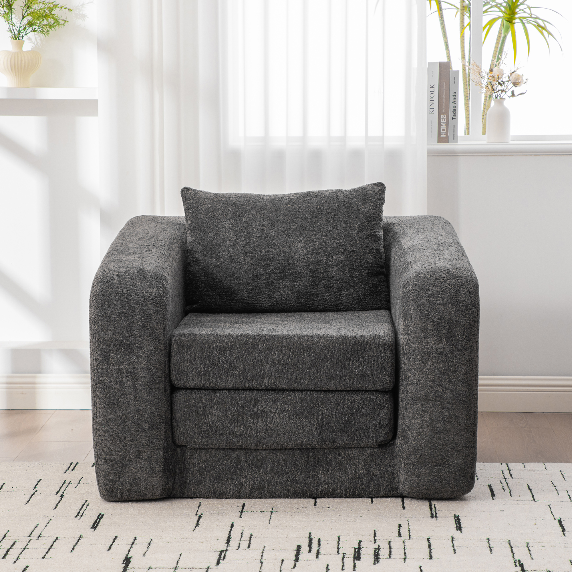 40" Foldable Single Sofa Bed with Armrest & Backrest, Convertible Chenille Boneless Cloud Floor Mattress Sleeper Lounge Accent Chair with Pillow for Apartment Living Room Bedroom Dorm Guestroom, Gray - Image 4
