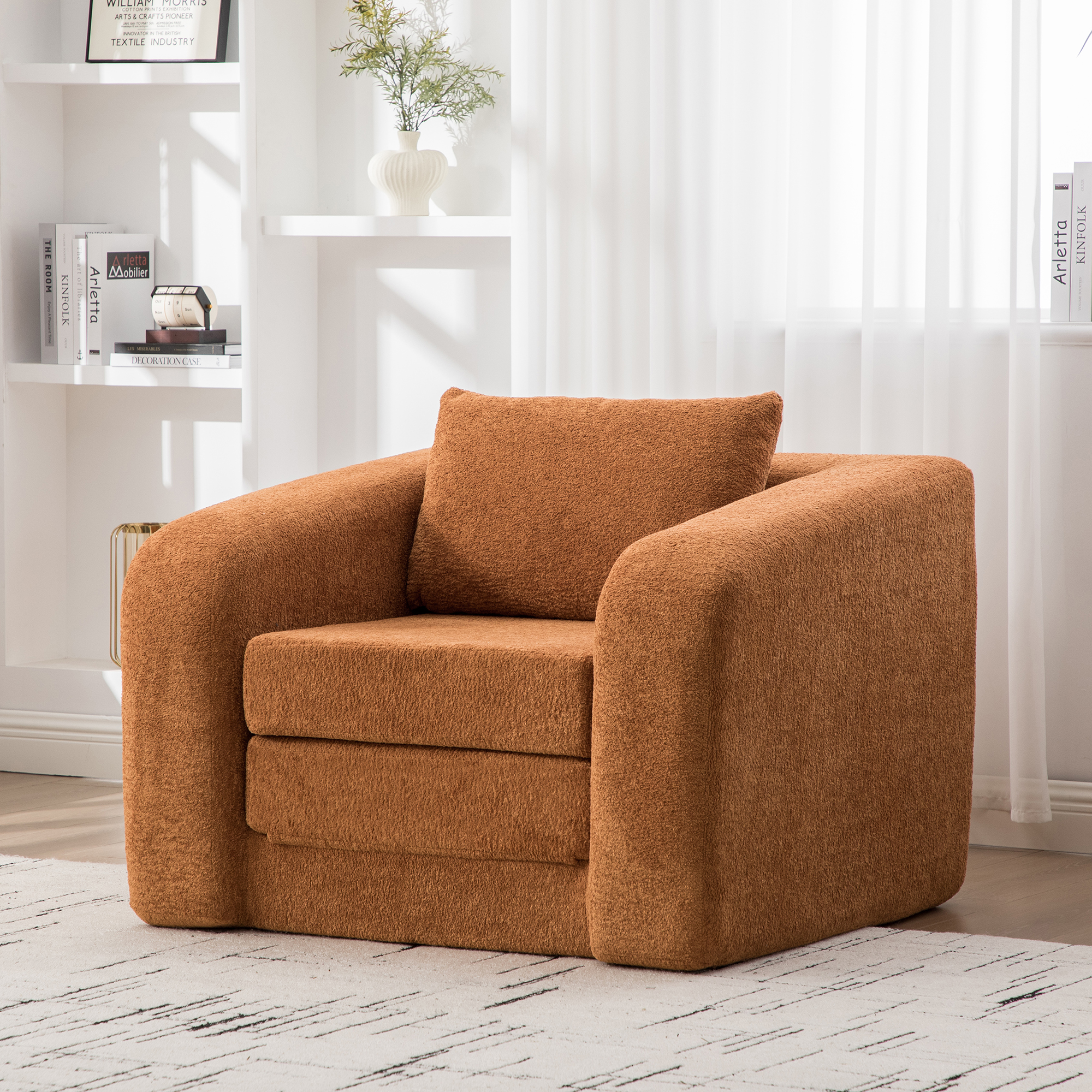 40" Foldable Single Sofa Bed with Armrest & Backrest, Convertible Chenille Boneless Cloud Floor Mattress Sleeper Lounge Accent Chair with Pillow for Apartment Living Room Bedroom Dorm Guestroom,Orange - Image 2