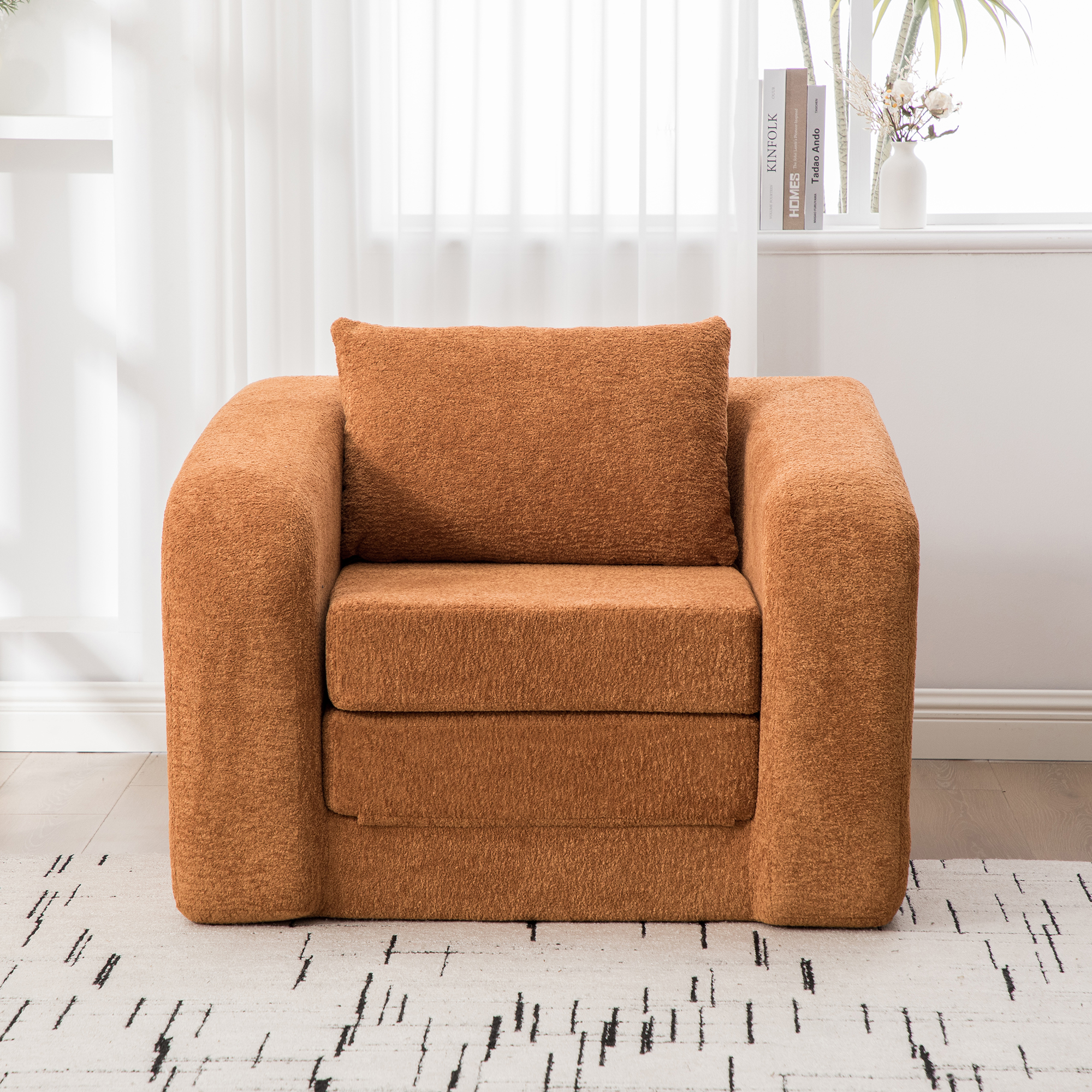 40" Foldable Single Sofa Bed with Armrest & Backrest, Convertible Chenille Boneless Cloud Floor Mattress Sleeper Lounge Accent Chair with Pillow for Apartment Living Room Bedroom Dorm Guestroom,Orange - Image 4