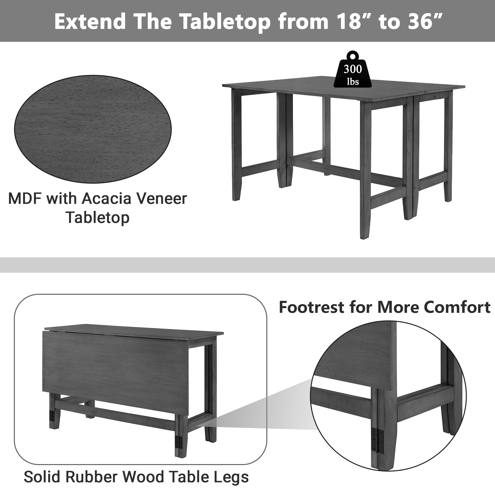 TOPMAX Farmhouse Wood Extendable Dining Table with Drop Leaf for Small Places, Gray(OLD SKU:N717P195019) - Image 4