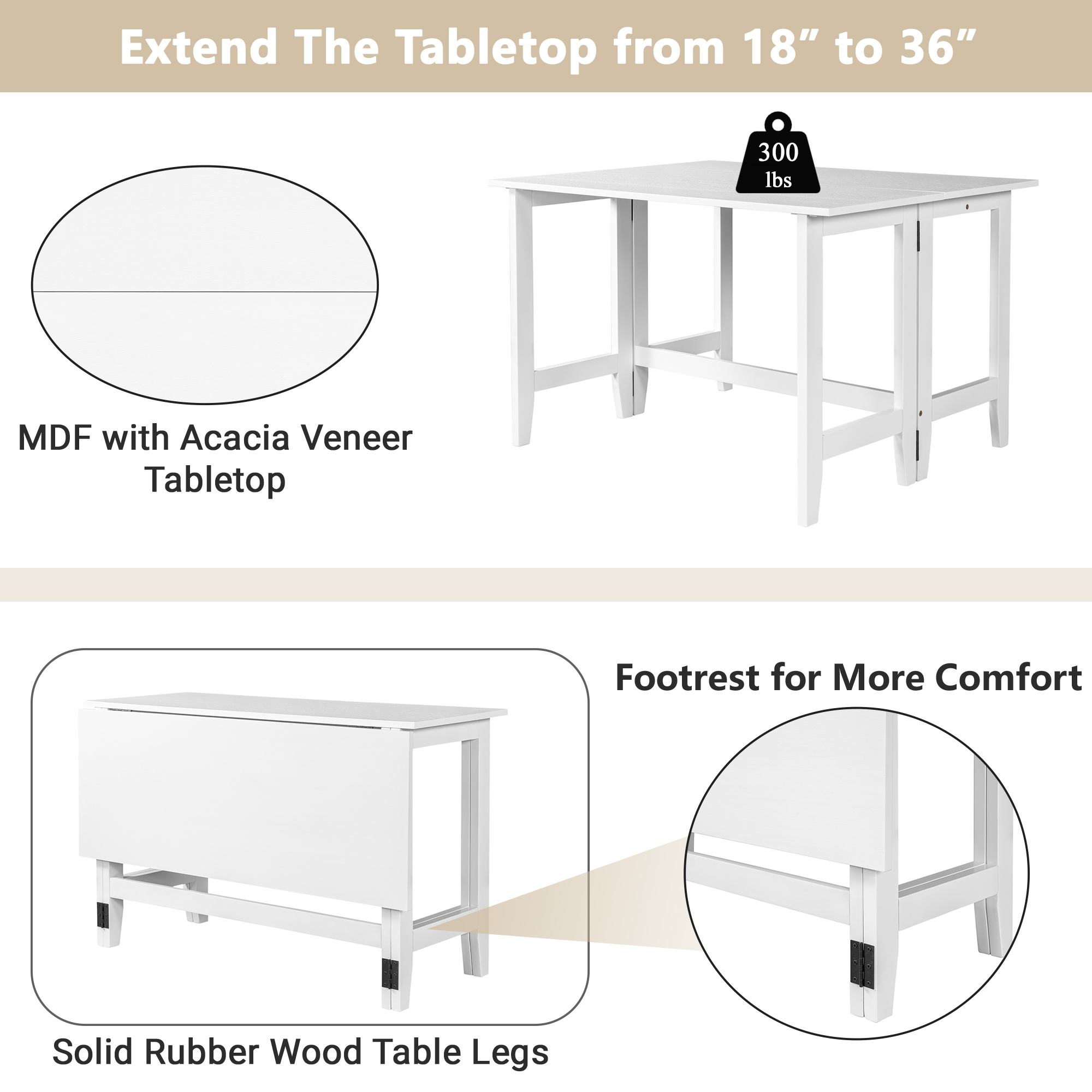 TOPMAX Farmhouse Wood Extendable Dining Table with Drop Leaf for Small Places, White(OLD SKU:N717P195019) - Image 4