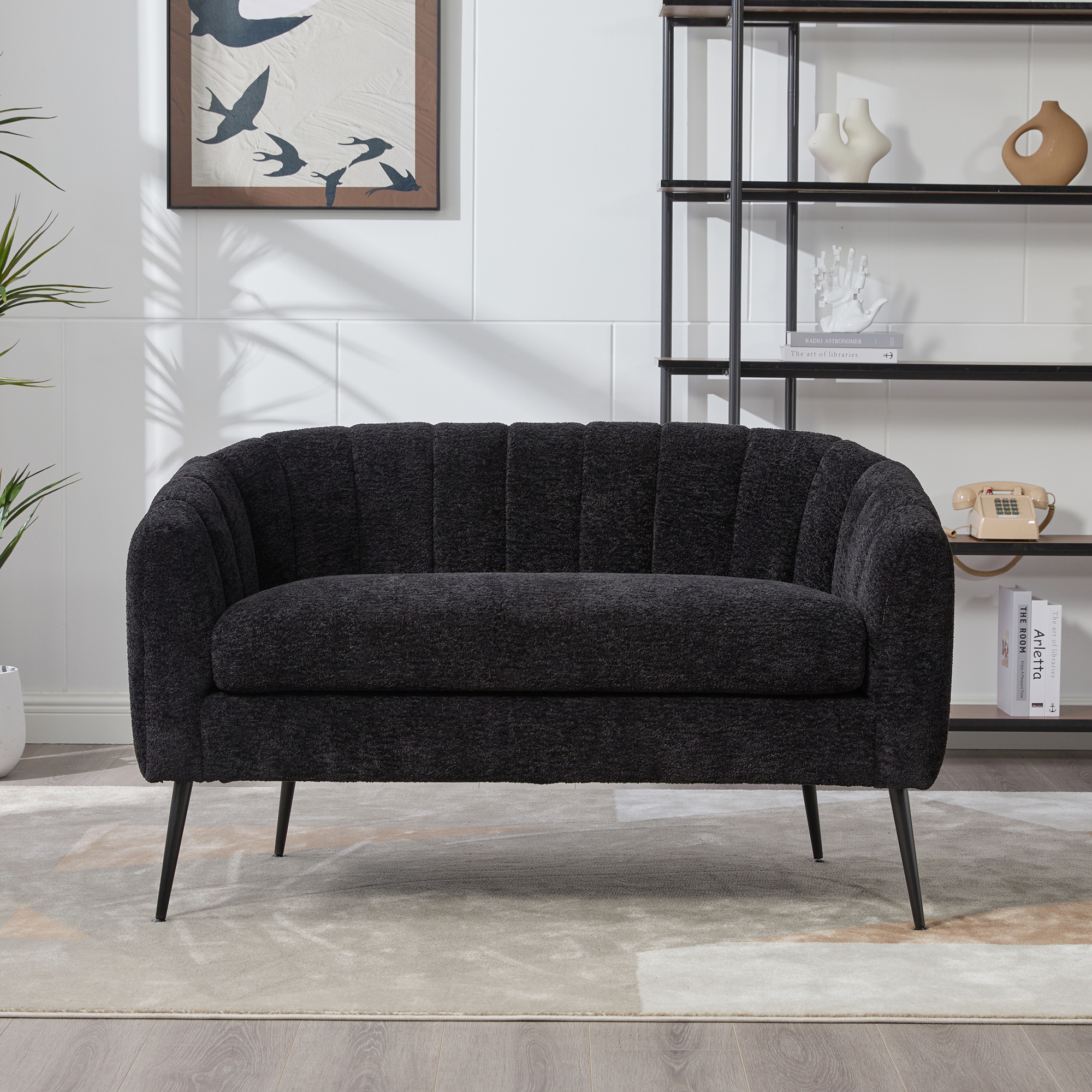50.2'' Wide Upholstered Chenille Mini Loveseat Accent Couch, Modern Glam Small Settee with Metal Legs, Channel Tufted 2-Seater Sofa for Living Rooms Bedrooms Dorm Studio Office Small Spaces, Black - Image 2