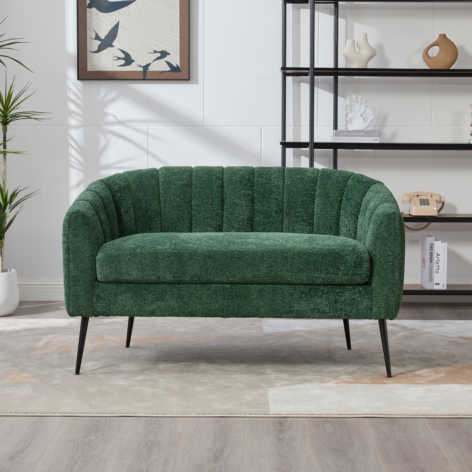 50.2'' Wide Upholstered Chenille Mini Loveseat Accent Couch, Modern Glam Small Settee with Metal Legs, Channel Tufted 2-Seater Sofa for Living Rooms Bedrooms Dorm Studio Office Small Spaces, Green - Image 2