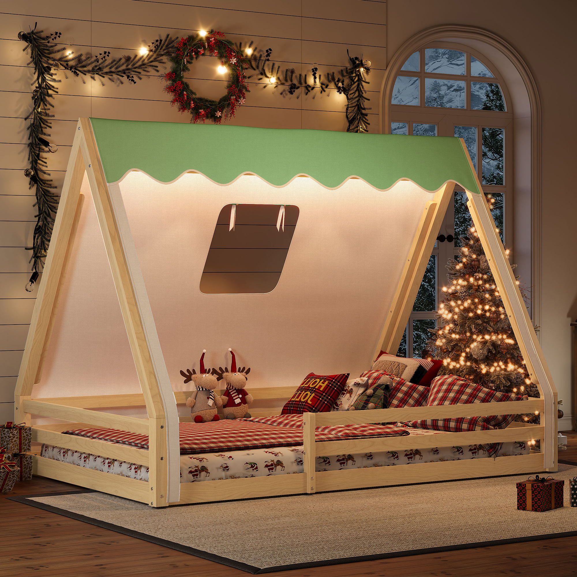 Full Size House Floor Bed with Tent and Light, Solid Wood Teepee Floor Bed with Full-length Guardrails, Montessori and Childlike Design,Natural+Green - Image 1
