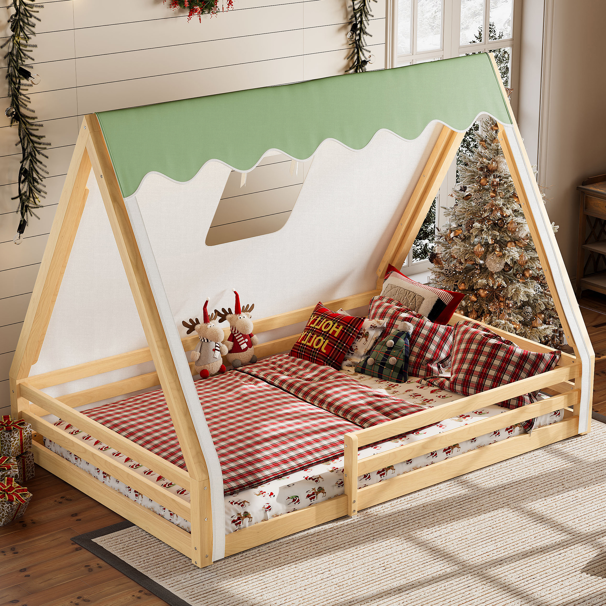 Full Size House Floor Bed with Tent and Light, Solid Wood Teepee Floor Bed with Full-length Guardrails, Montessori and Childlike Design,Natural+Green - Image 2