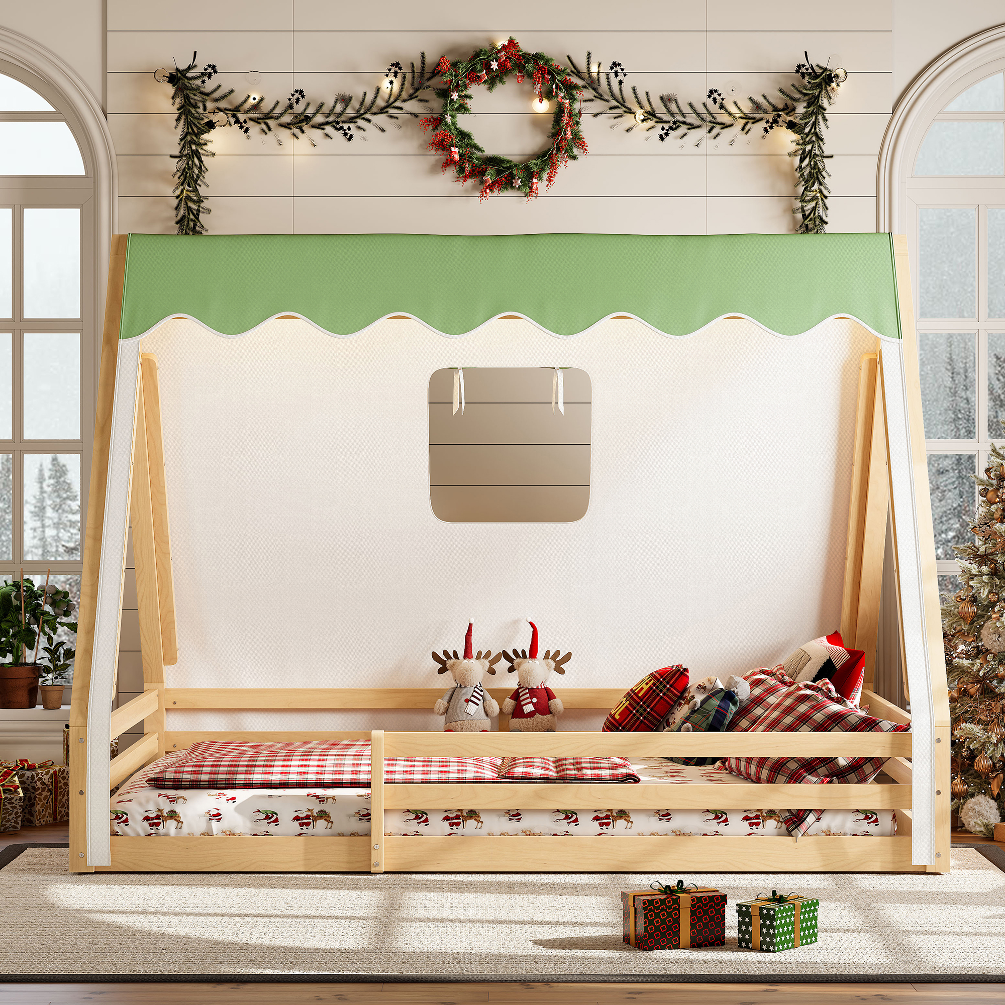 Full Size House Floor Bed with Tent and Light, Solid Wood Teepee Floor Bed with Full-length Guardrails, Montessori and Childlike Design,Natural+Green - Image 3