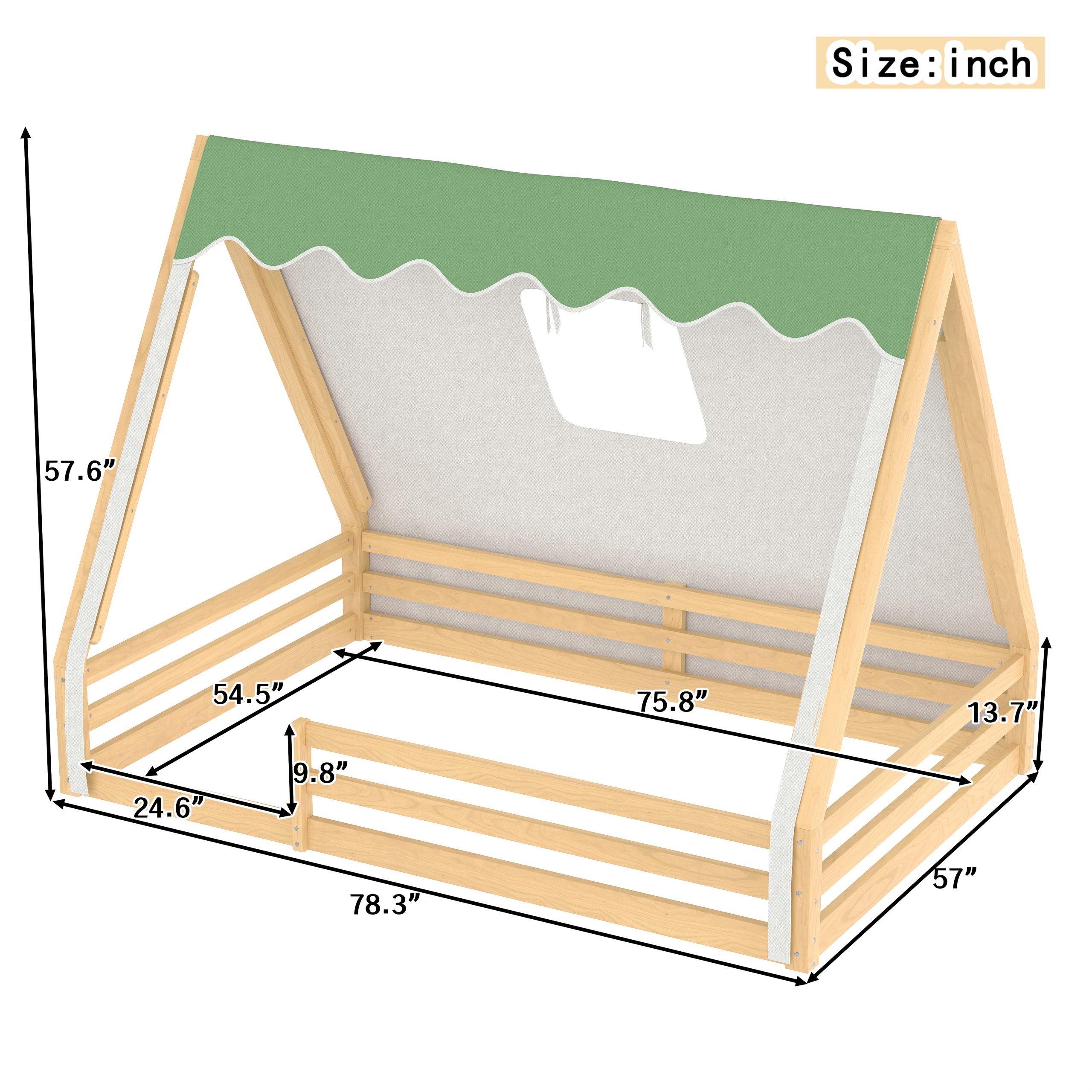 Full Size House Floor Bed with Tent and Light, Solid Wood Teepee Floor Bed with Full-length Guardrails, Montessori and Childlike Design,Natural+Green - Image 4
