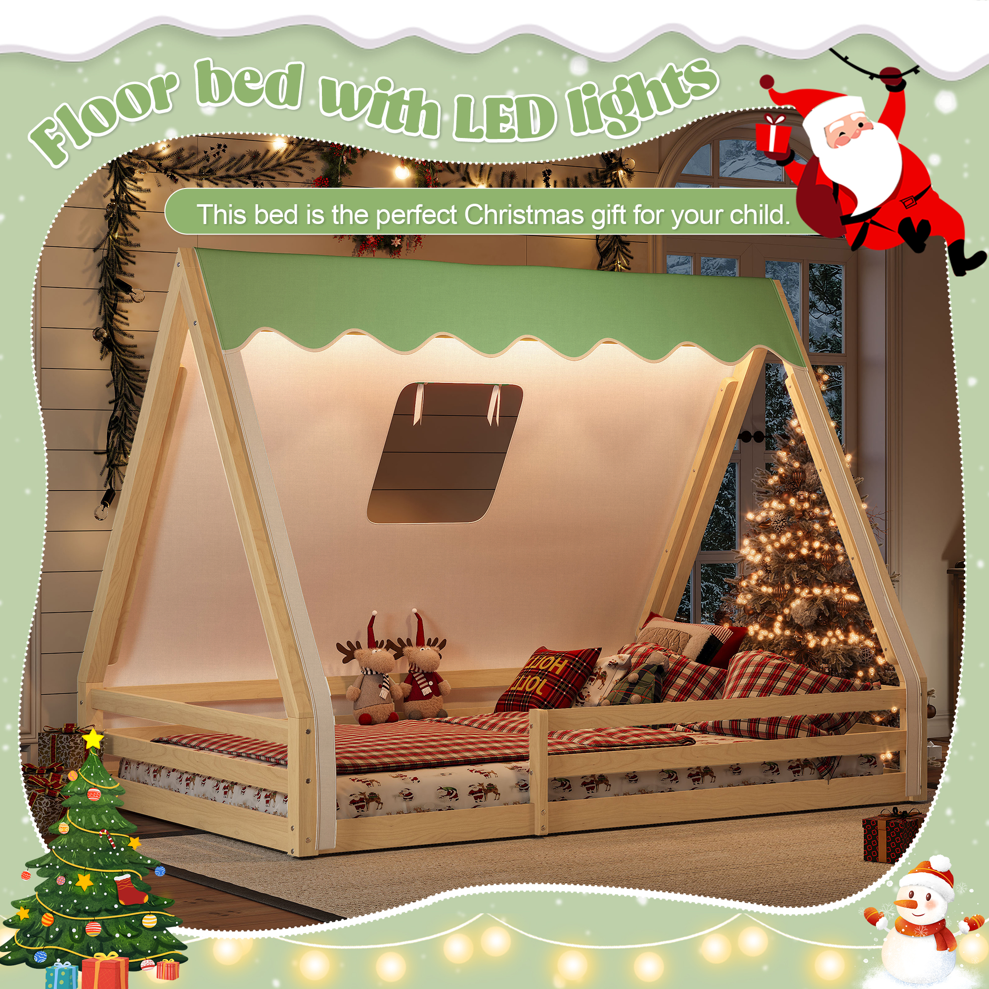 Full Size House Floor Bed with Tent and Light, Solid Wood Teepee Floor Bed with Full-length Guardrails, Montessori and Childlike Design,Natural+Green - Image 5