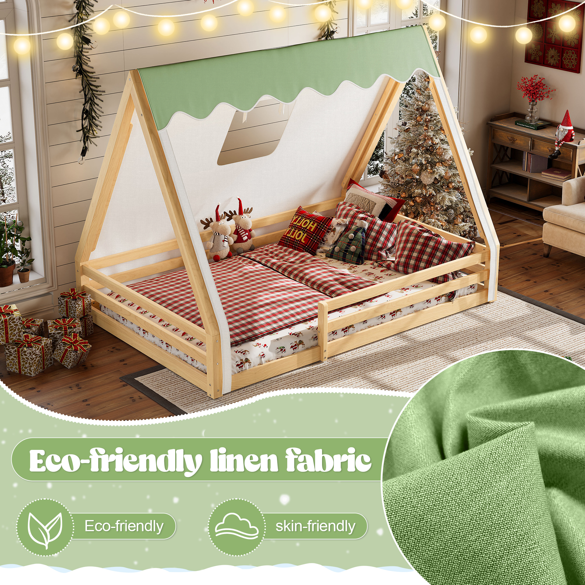 Full Size House Floor Bed with Tent and Light, Solid Wood Teepee Floor Bed with Full-length Guardrails, Montessori and Childlike Design,Natural+Green - Image 6