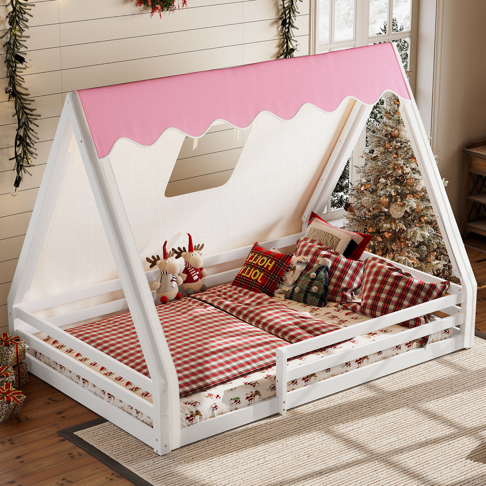 Full Size House Floor Bed with Tent and Light, Solid Wood Teepee Floor Bed with Full-length Guardrails, Montessori and Childlike Design, White+Pink - Image 2