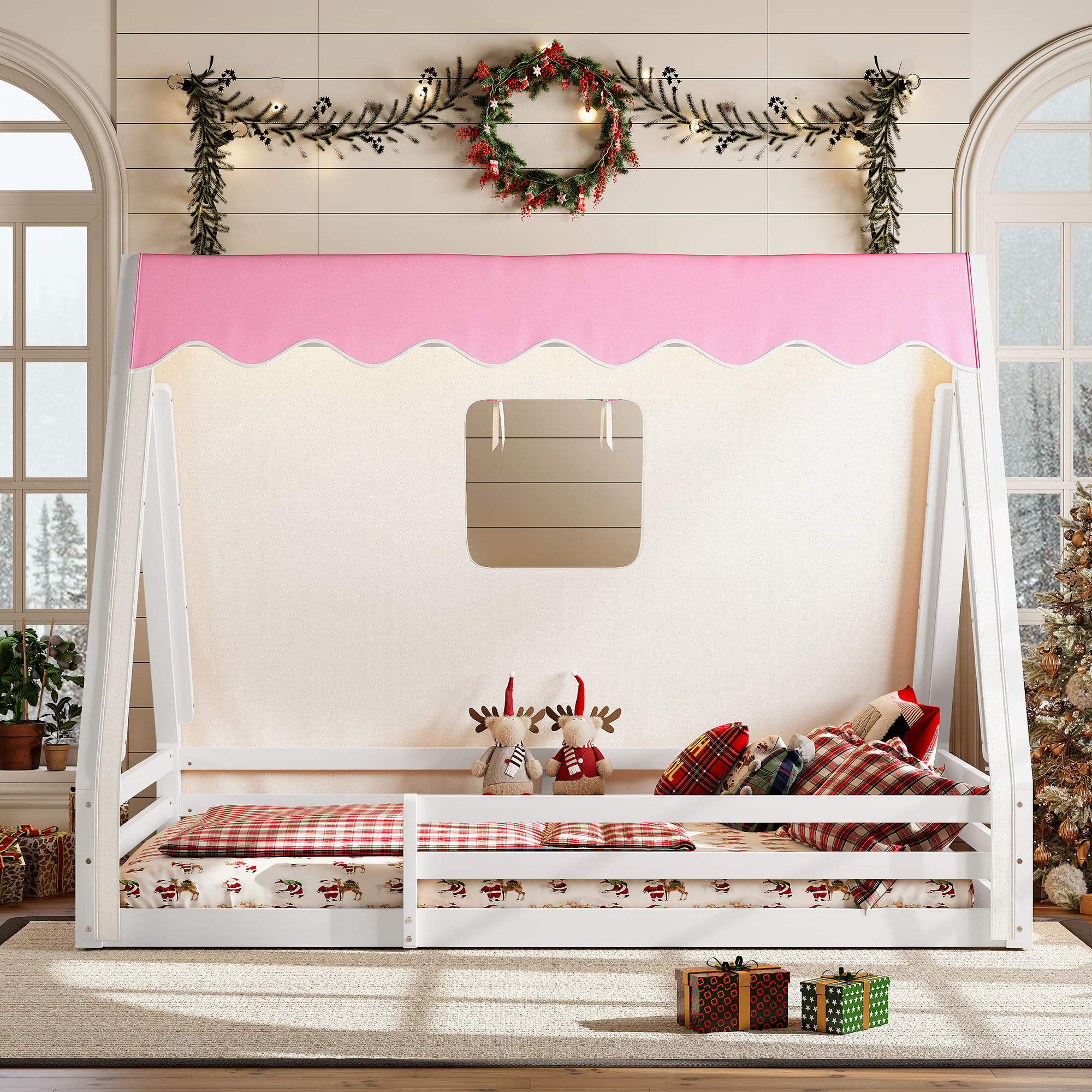Full Size House Floor Bed with Tent and Light, Solid Wood Teepee Floor Bed with Full-length Guardrails, Montessori and Childlike Design, White+Pink - Image 3