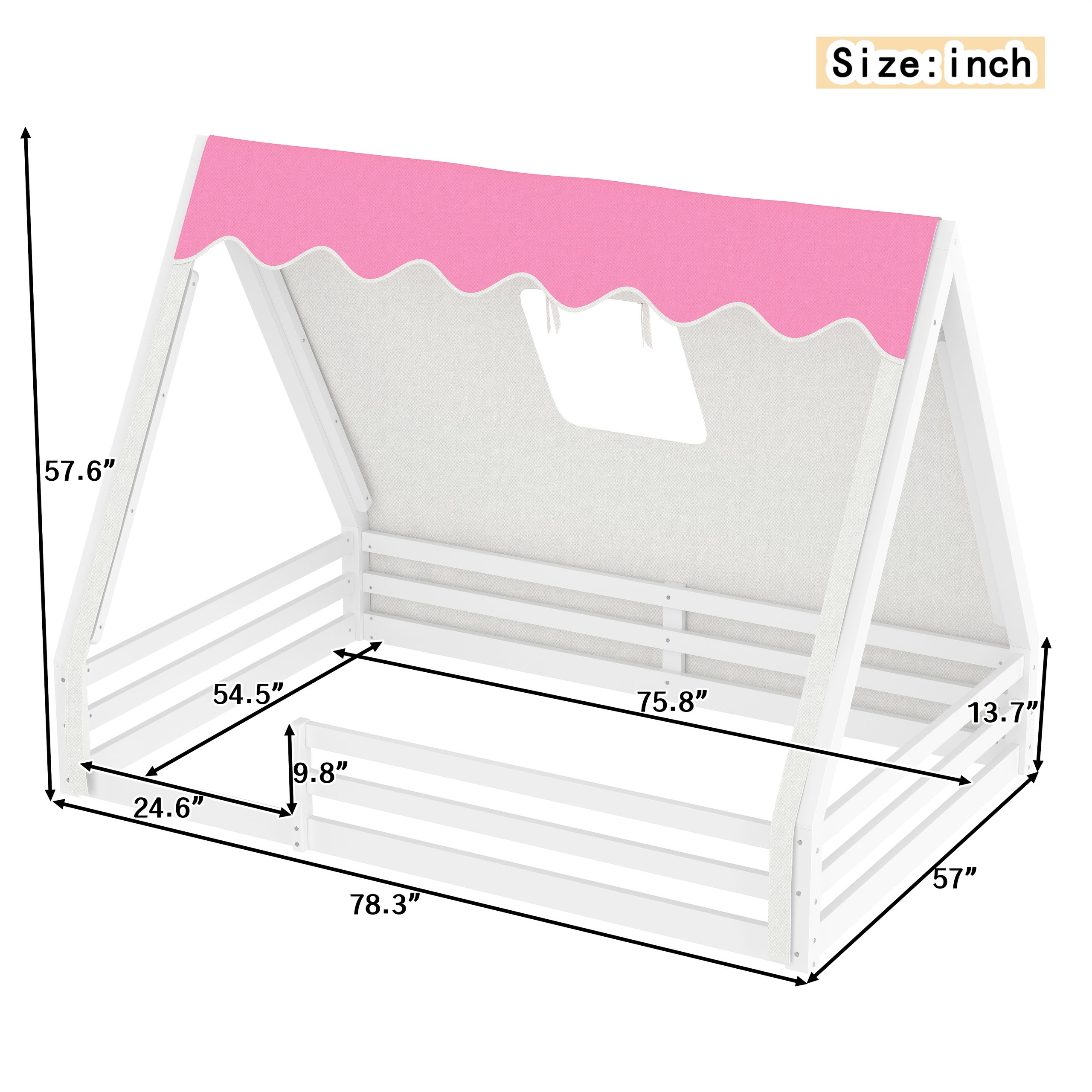 Full Size House Floor Bed with Tent and Light, Solid Wood Teepee Floor Bed with Full-length Guardrails, Montessori and Childlike Design, White+Pink - Image 4