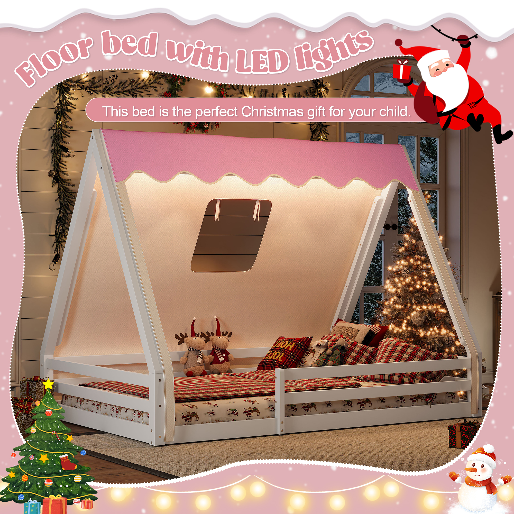 Full Size House Floor Bed with Tent and Light, Solid Wood Teepee Floor Bed with Full-length Guardrails, Montessori and Childlike Design, White+Pink - Image 5