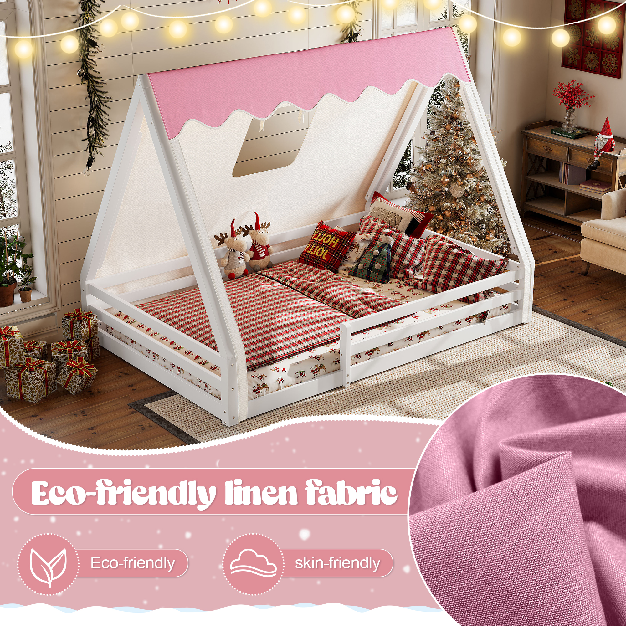 Full Size House Floor Bed with Tent and Light, Solid Wood Teepee Floor Bed with Full-length Guardrails, Montessori and Childlike Design, White+Pink - Image 6