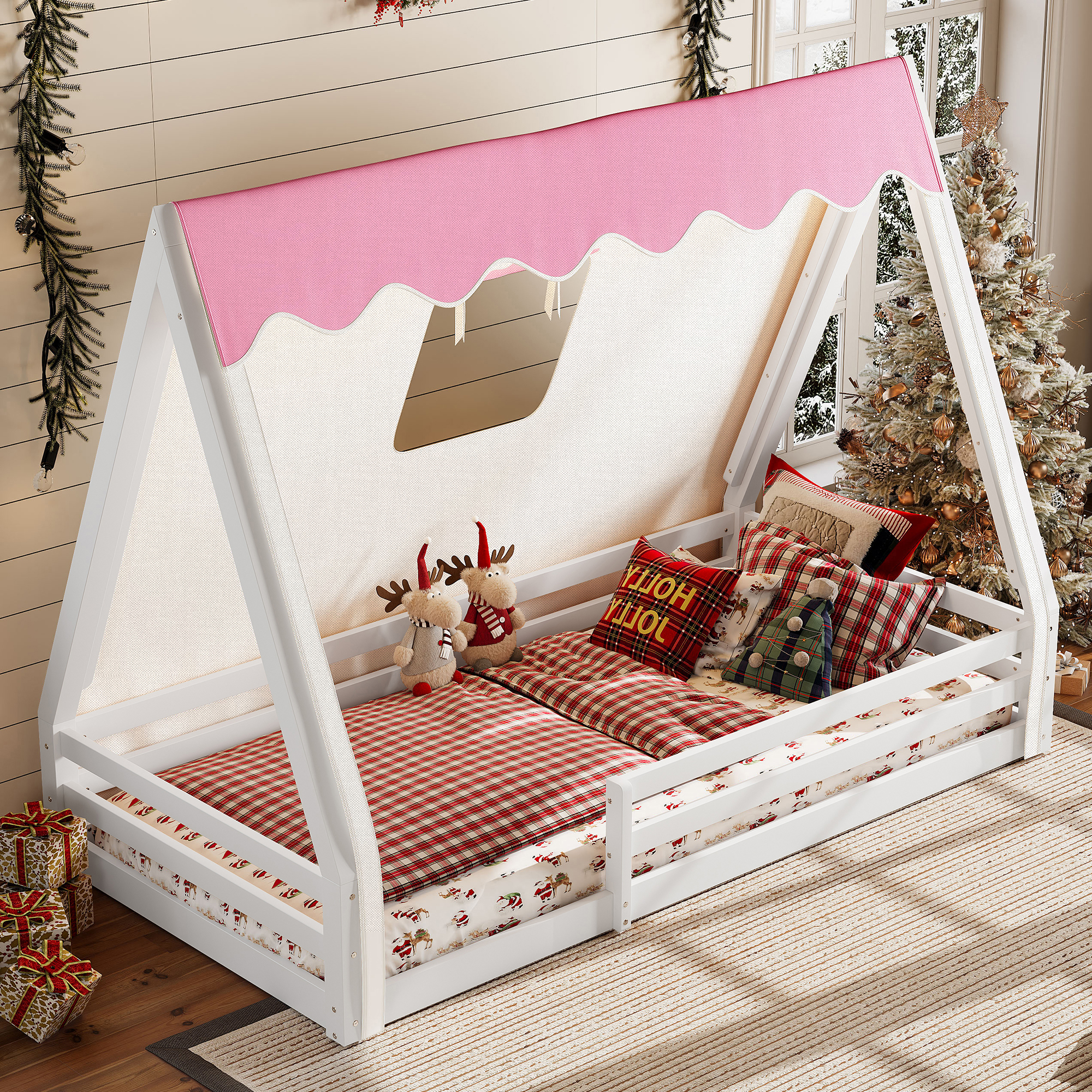 Twin Size House Floor Bed with Tent and Light, Solid Wood Teepee Floor Bed with Full-length Guardrails, Montessori and Childlike Design, White+Pink - Image 2
