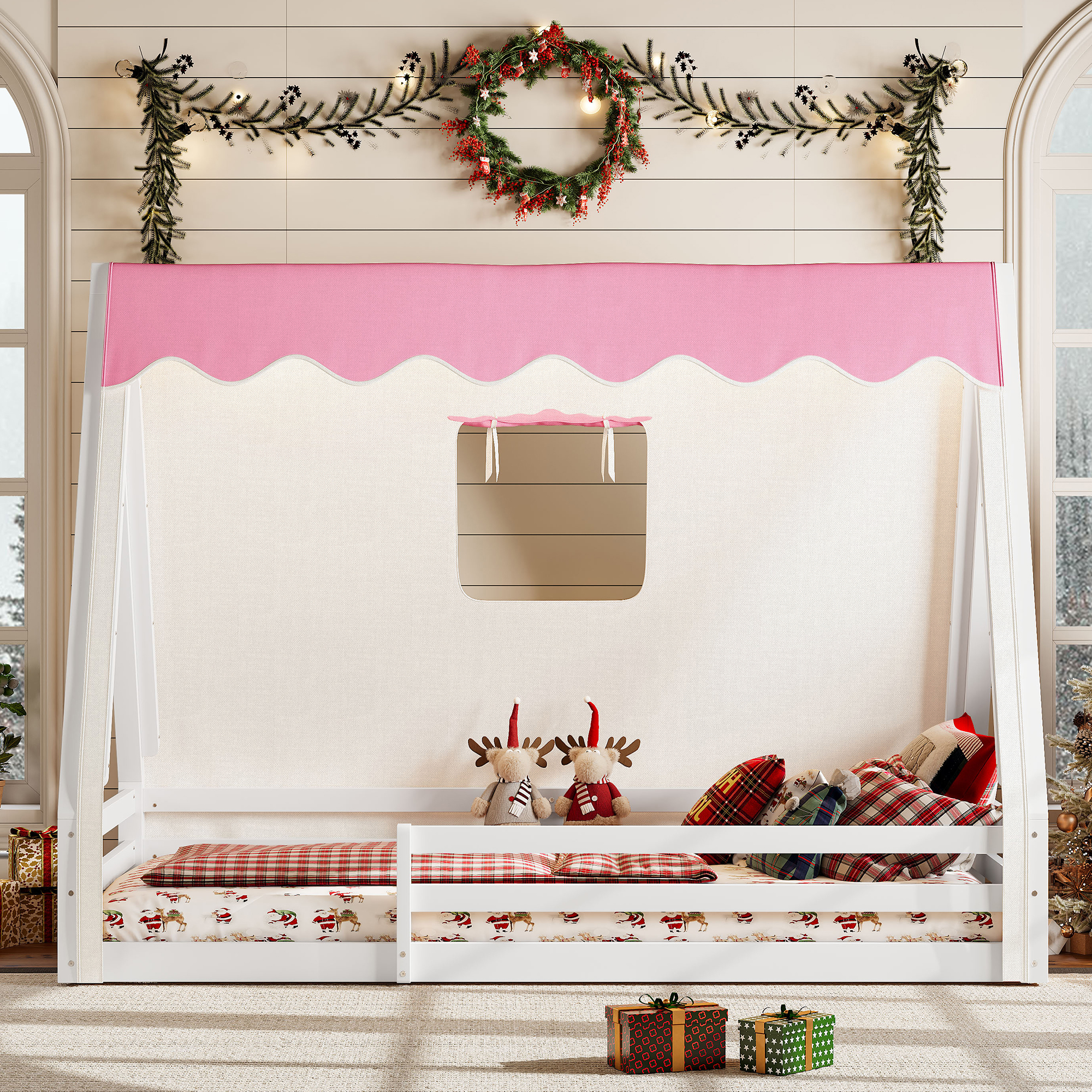 Twin Size House Floor Bed with Tent and Light, Solid Wood Teepee Floor Bed with Full-length Guardrails, Montessori and Childlike Design, White+Pink - Image 3