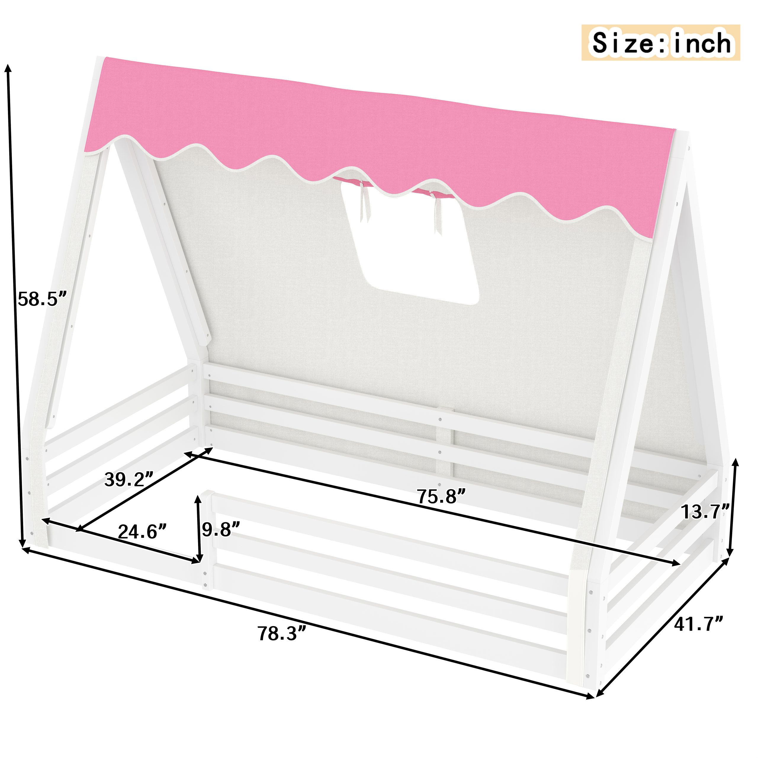 Twin Size House Floor Bed with Tent and Light, Solid Wood Teepee Floor Bed with Full-length Guardrails, Montessori and Childlike Design, White+Pink - Image 4