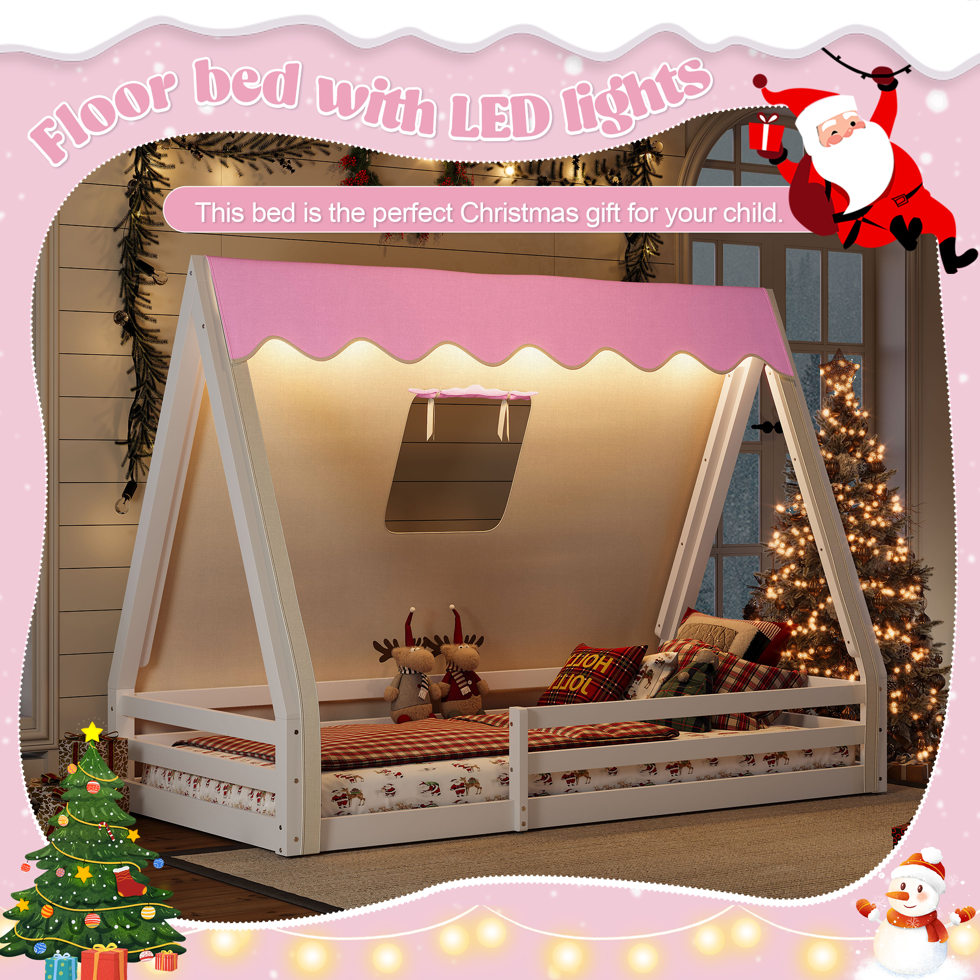 Twin Size House Floor Bed with Tent and Light, Solid Wood Teepee Floor Bed with Full-length Guardrails, Montessori and Childlike Design, White+Pink - Image 5
