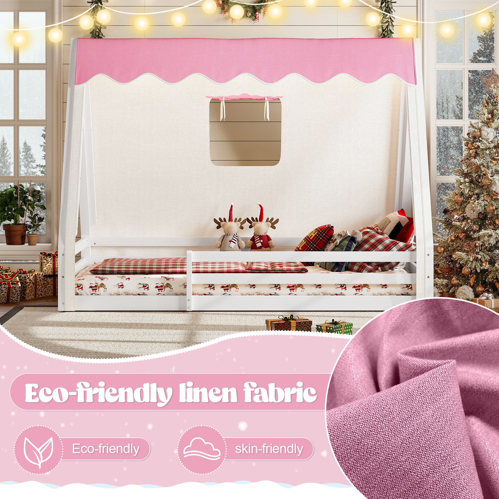 Twin Size House Floor Bed with Tent and Light, Solid Wood Teepee Floor Bed with Full-length Guardrails, Montessori and Childlike Design, White+Pink - Image 6