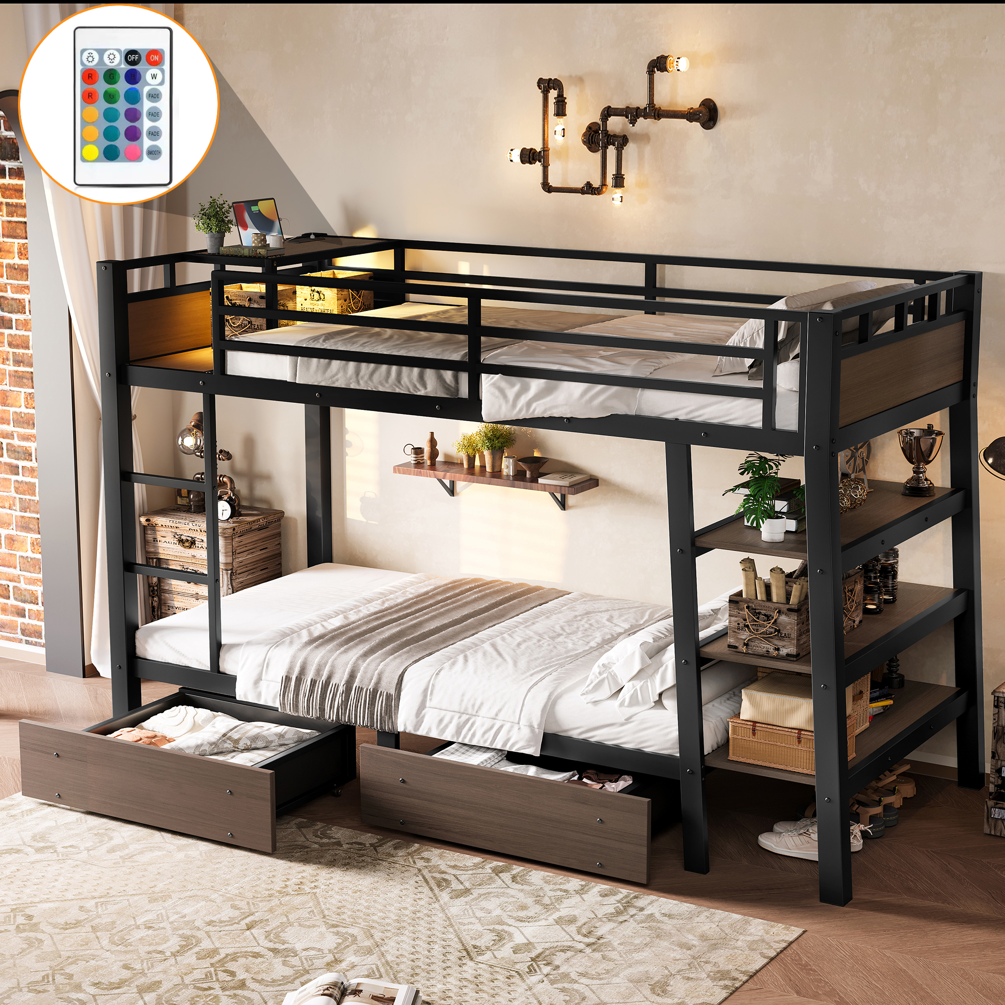 Twin Size Metal Bunk Bed with Storage Shelves , LED light strip, and USB power strip, black - Image 2