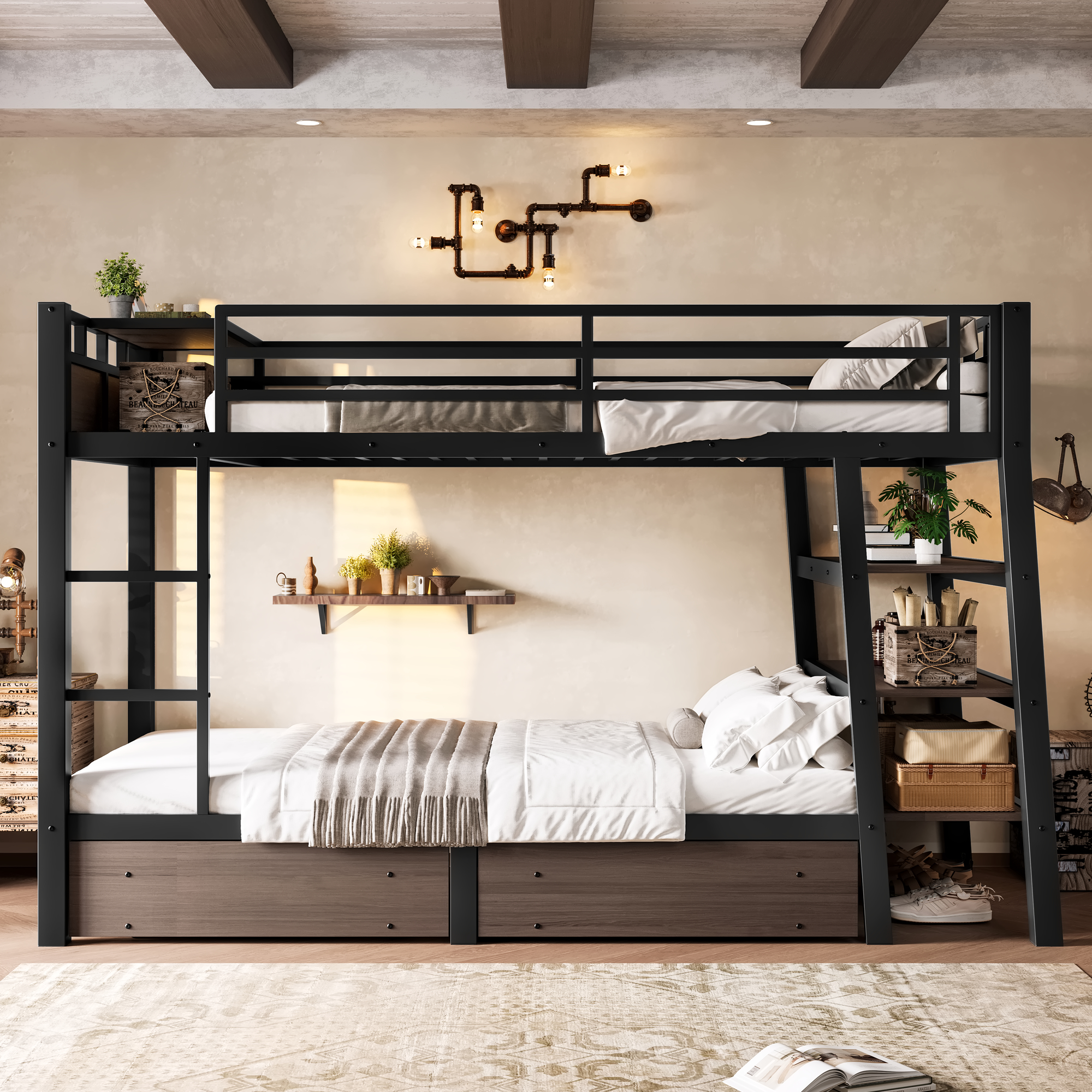 Twin Size Metal Bunk Bed with Storage Shelves , LED light strip, and USB power strip, black - Image 3