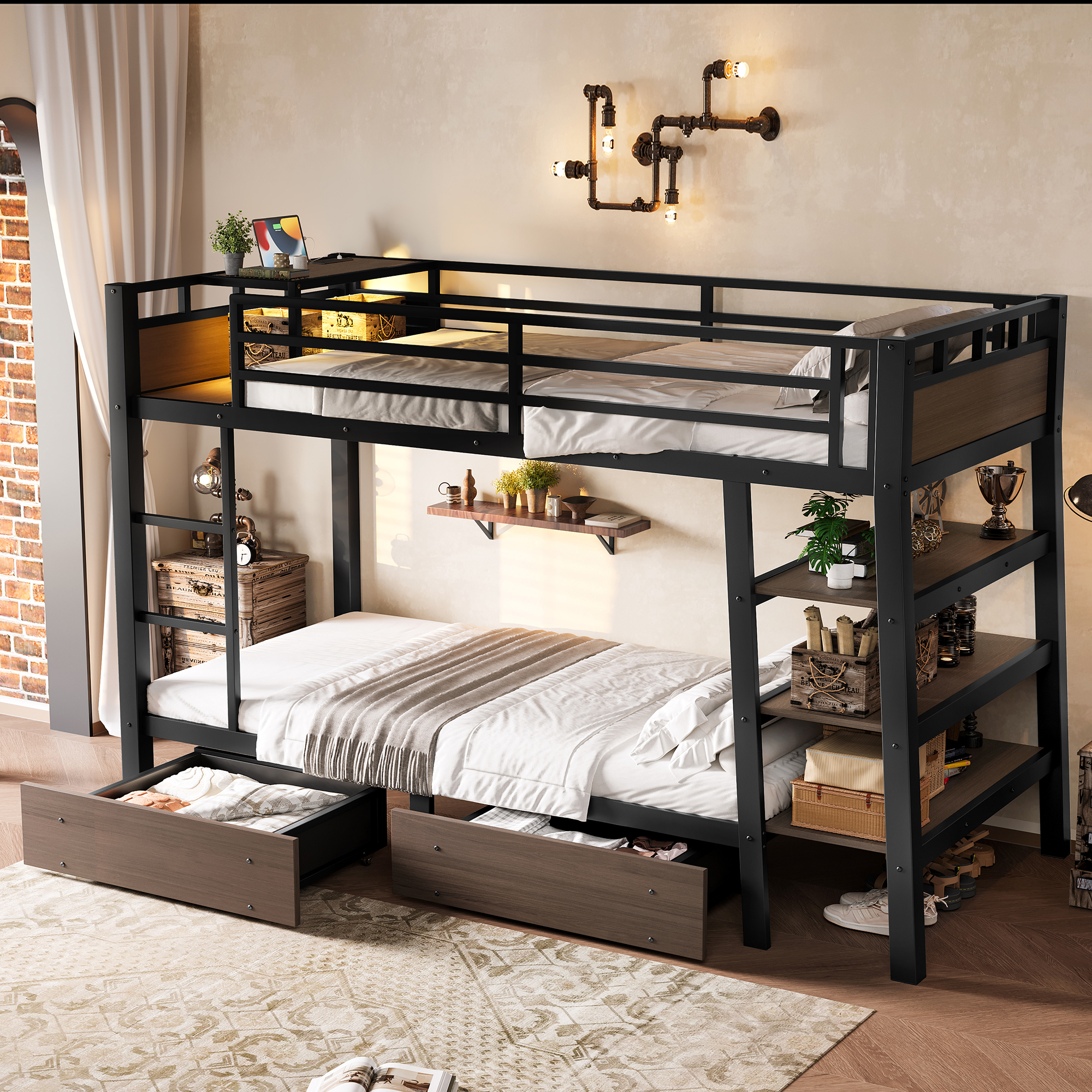 Twin Size Metal Bunk Bed with Storage Shelves , LED light strip, and USB power strip, black - Image 4