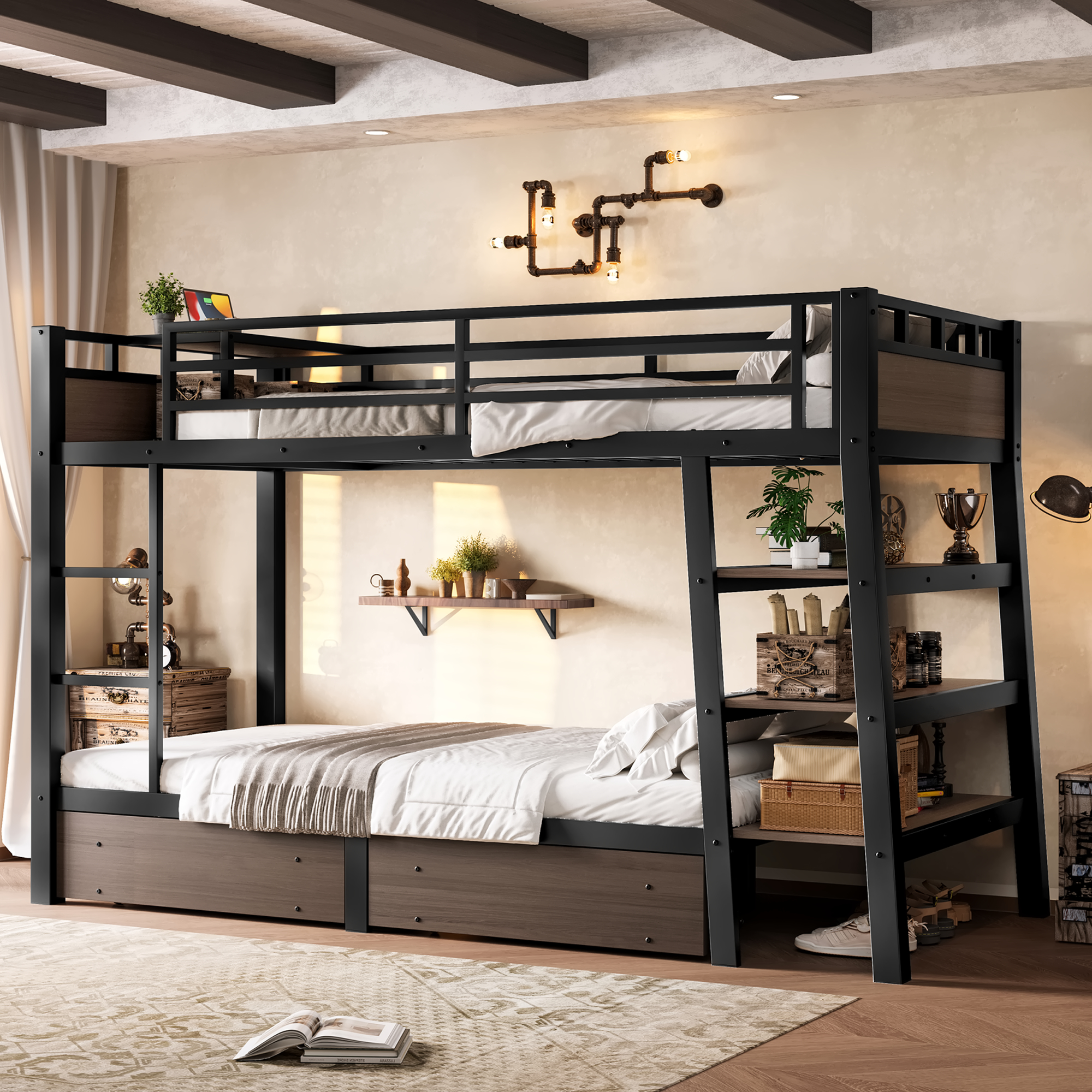 Twin Size Metal Bunk Bed with Storage Shelves , LED light strip, and USB power strip, black - Image 5