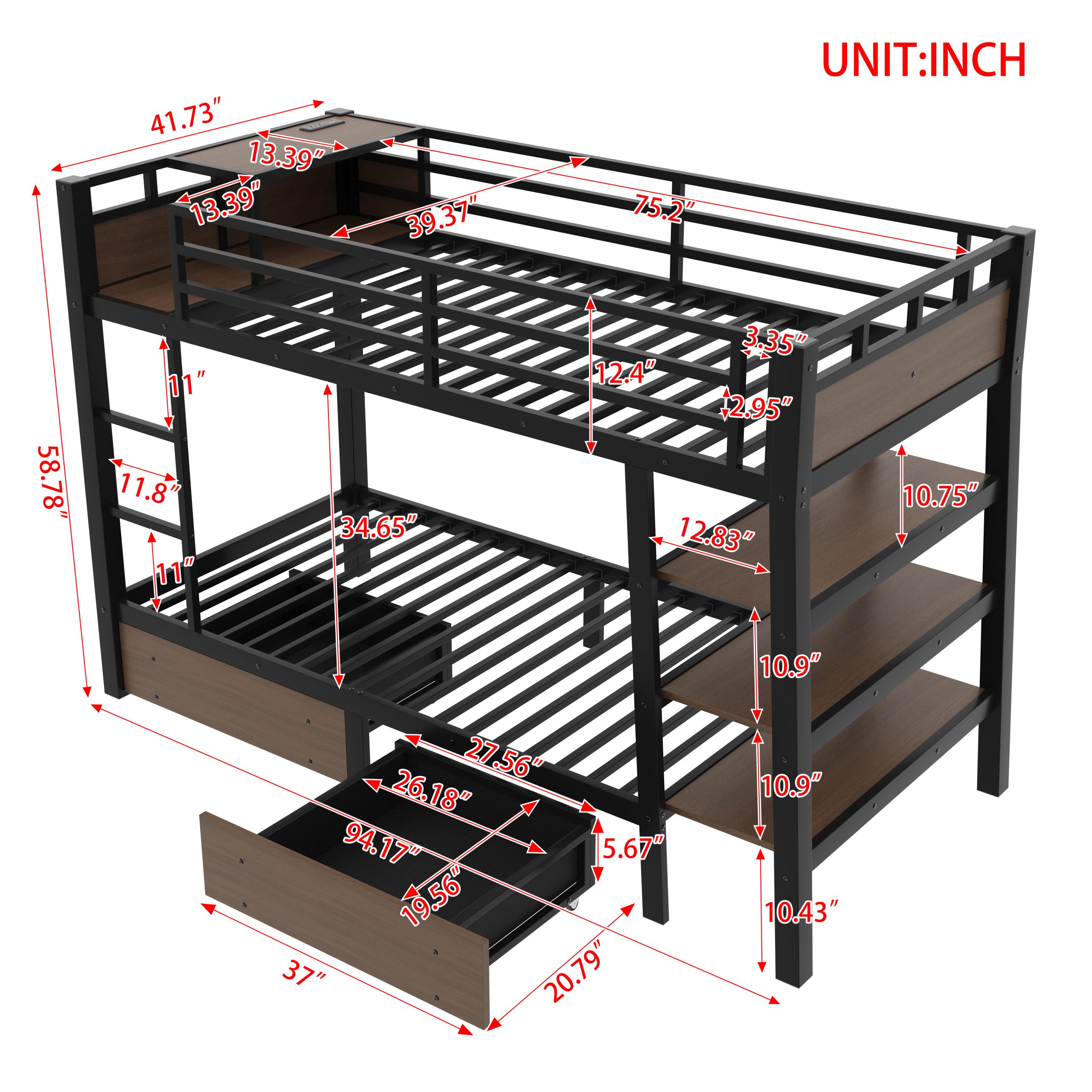 Twin Size Metal Bunk Bed with Storage Shelves , LED light strip, and USB power strip, black - Image 6