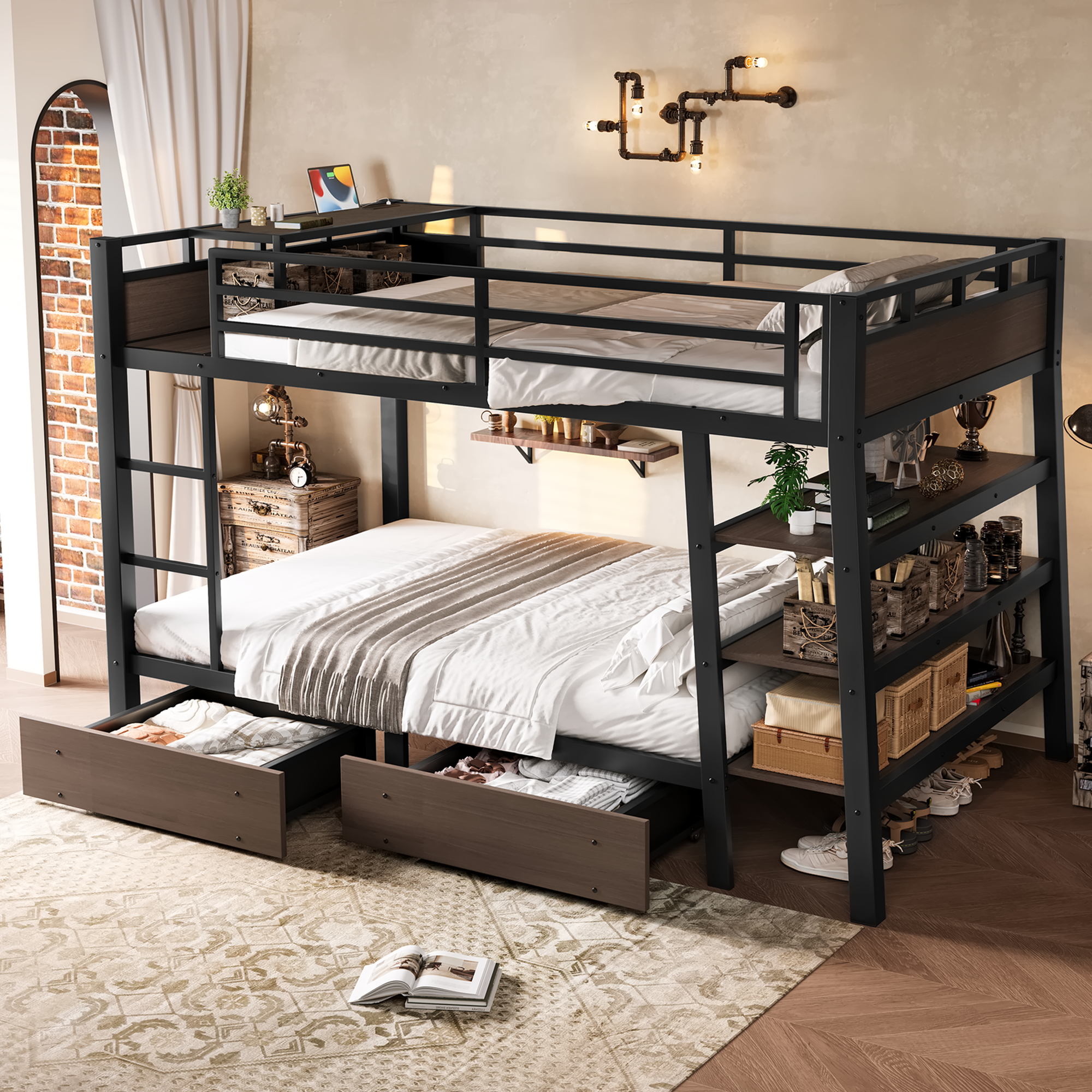 Full Size Metal Bunk Bed with Storage Shelves , LED light strip, and USB power strip, black - Image 2