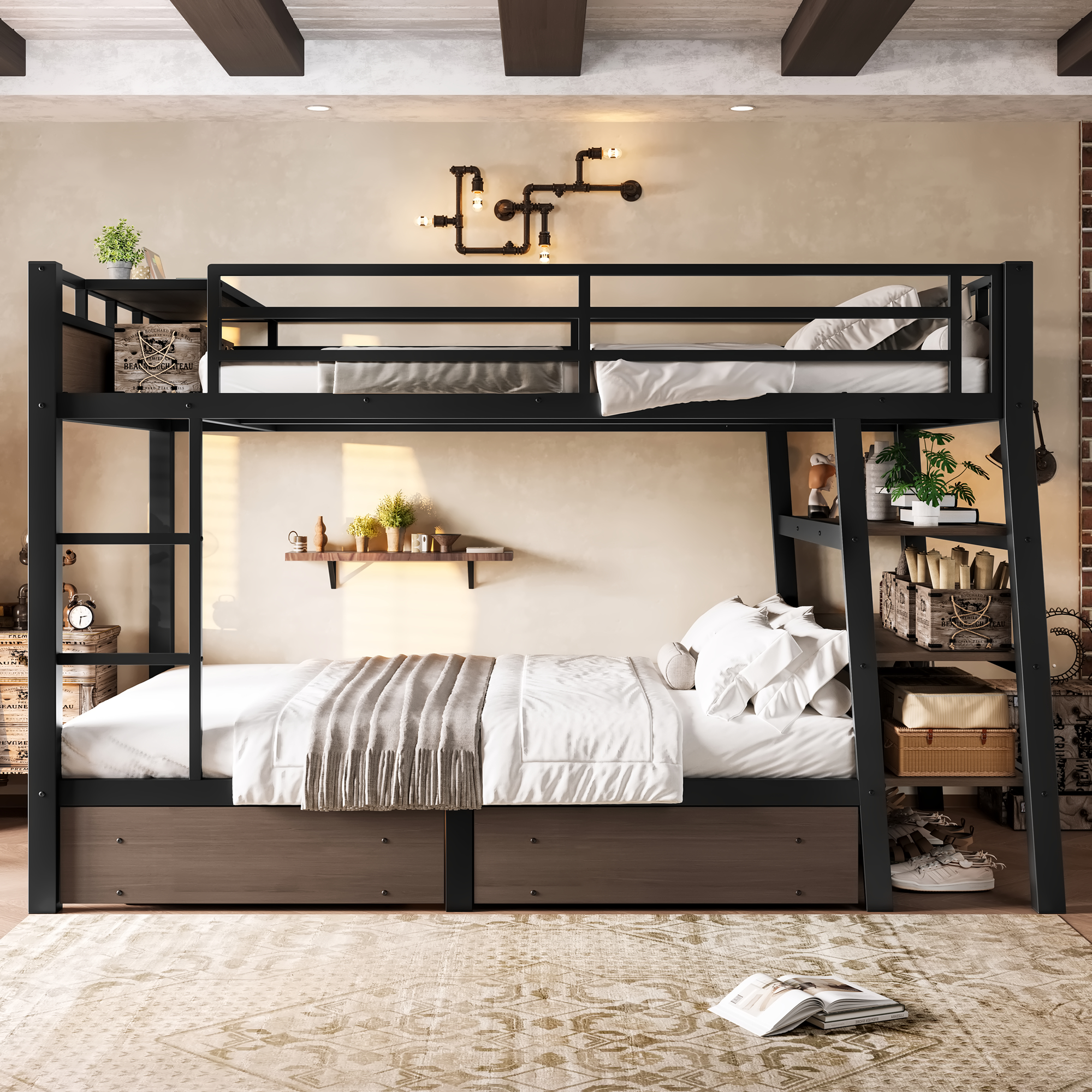 Full Size Metal Bunk Bed with Storage Shelves , LED light strip, and USB power strip, black - Image 3