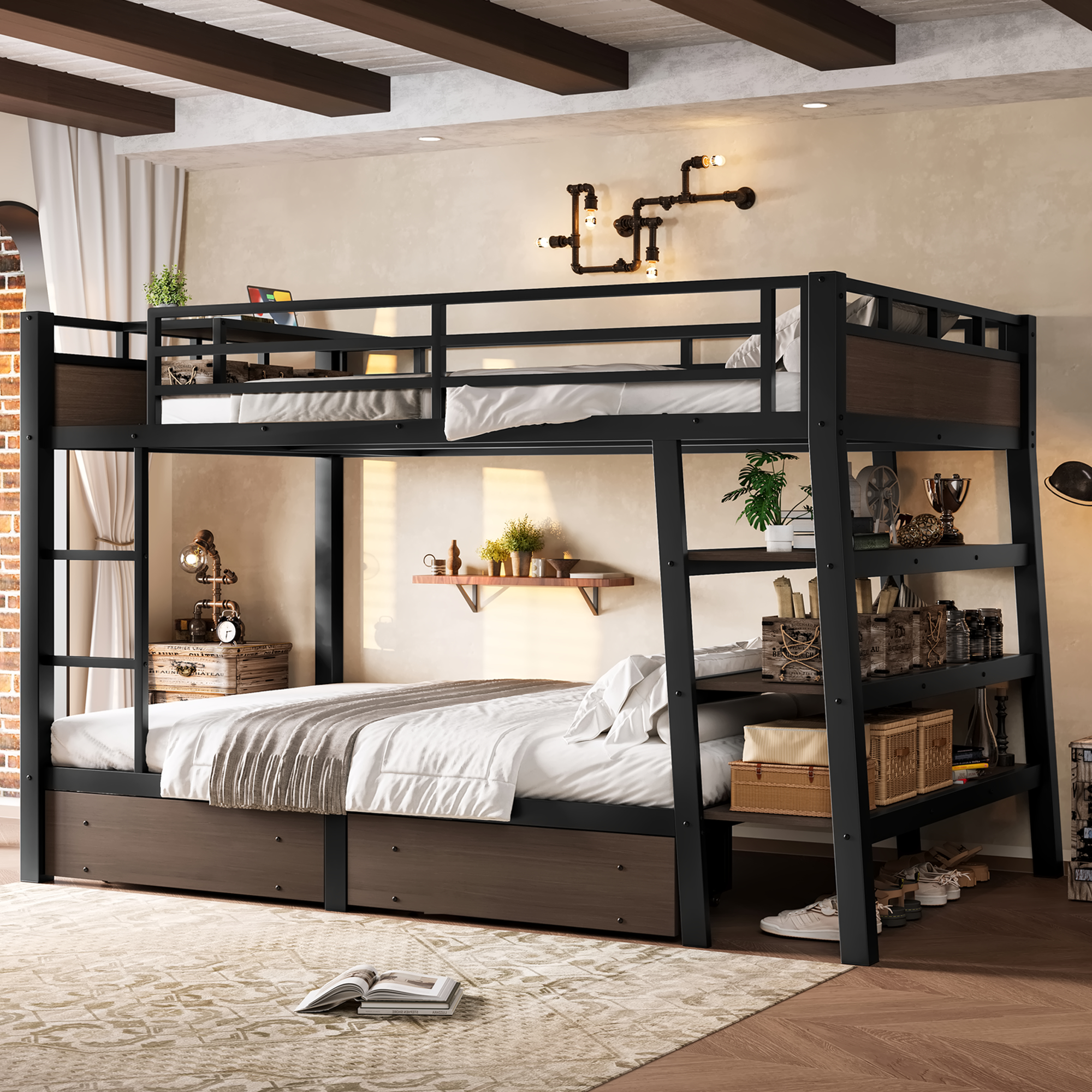 Full Size Metal Bunk Bed with Storage Shelves , LED light strip, and USB power strip, black - Image 4