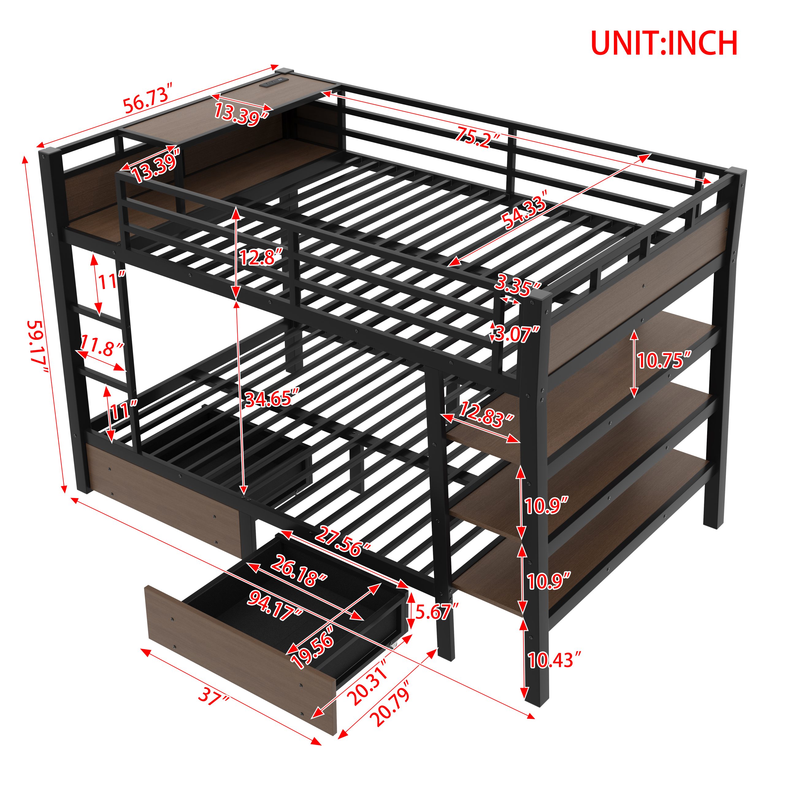 Full Size Metal Bunk Bed with Storage Shelves , LED light strip, and USB power strip, black - Image 5