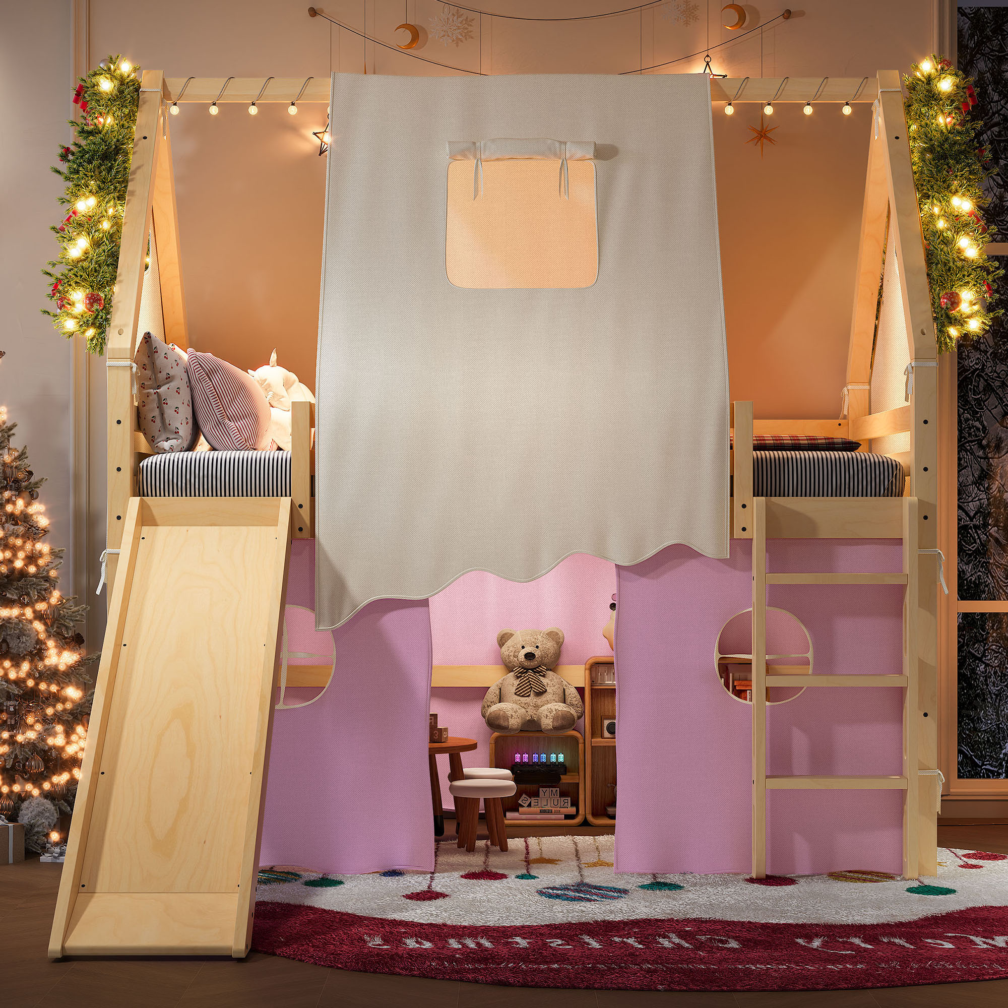 Full Size House Loft Bed with Sills and Tents, Solid Wood Loft Bed with Ladders and Slide, Chic Design with Lights, No Box Spring Needed, Natural+Pink - Image 1
