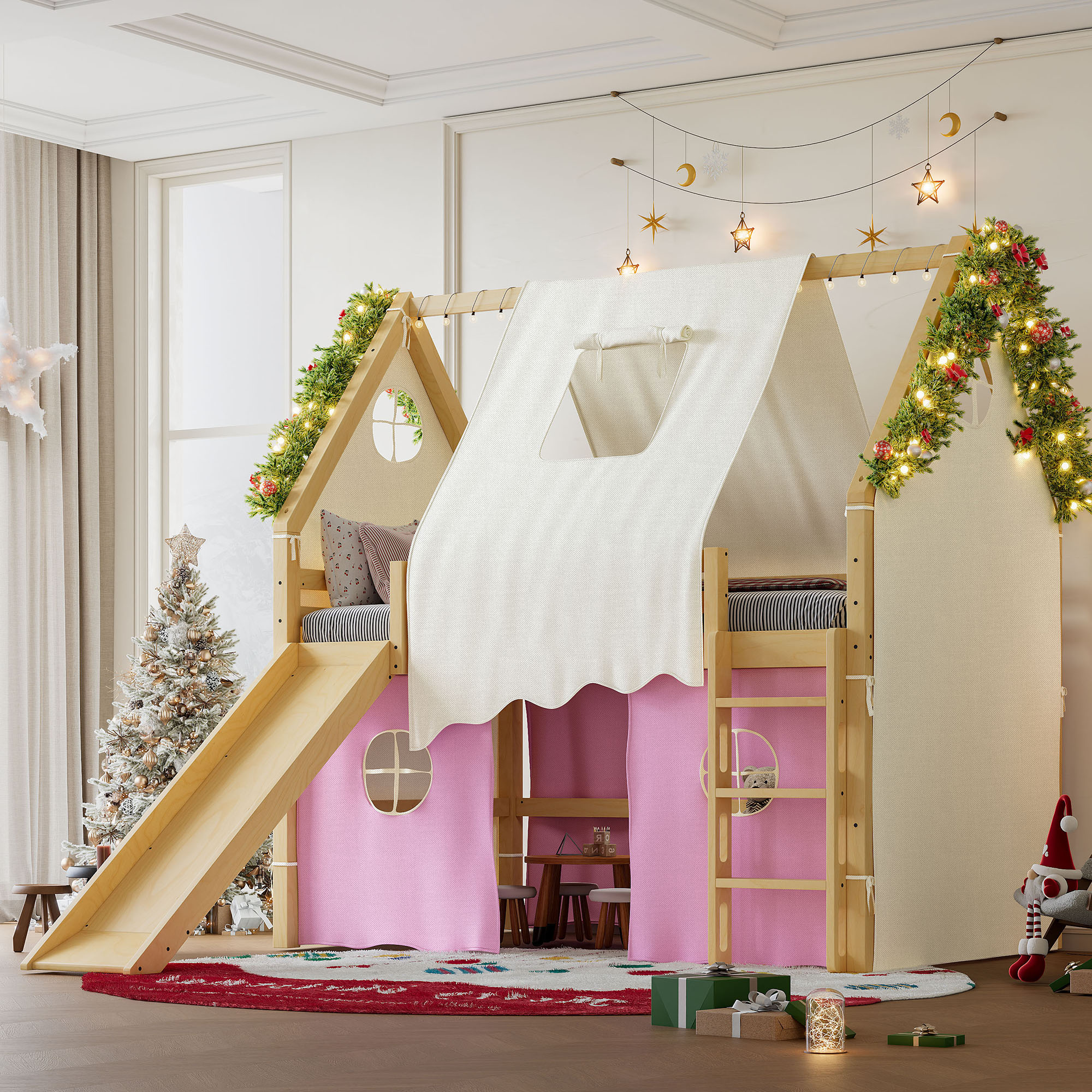 Full Size House Loft Bed with Sills and Tents, Solid Wood Loft Bed with Ladders and Slide, Chic Design with Lights, No Box Spring Needed, Natural+Pink - Image 2