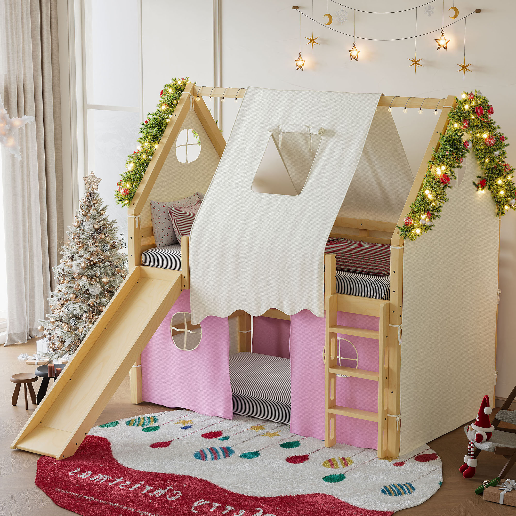 Full Size House Loft Bed with Sills and Tents, Solid Wood Loft Bed with Ladders and Slide, Chic Design with Lights, No Box Spring Needed, Natural+Pink - Image 3