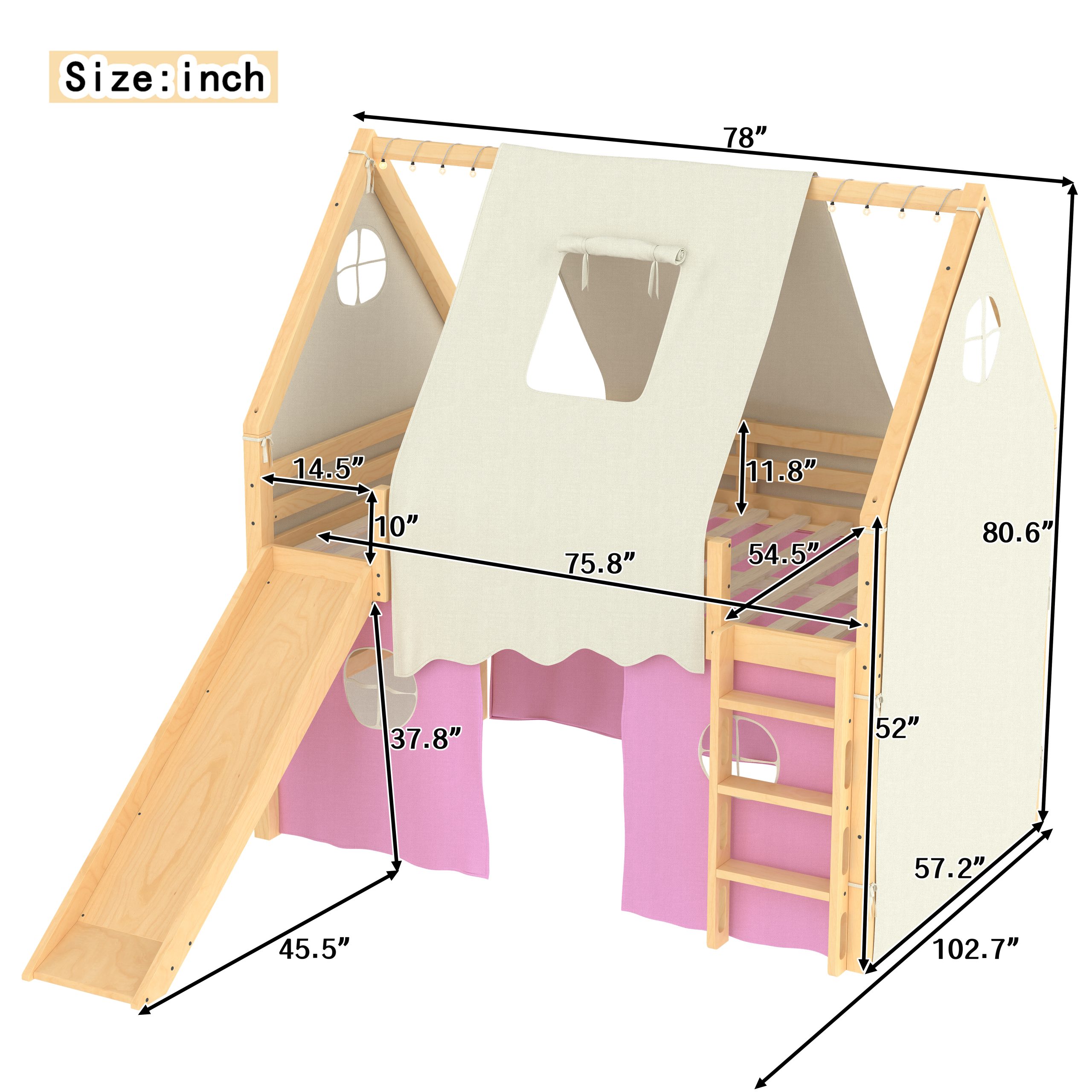 Full Size House Loft Bed with Sills and Tents, Solid Wood Loft Bed with Ladders and Slide, Chic Design with Lights, No Box Spring Needed, Natural+Pink - Image 4