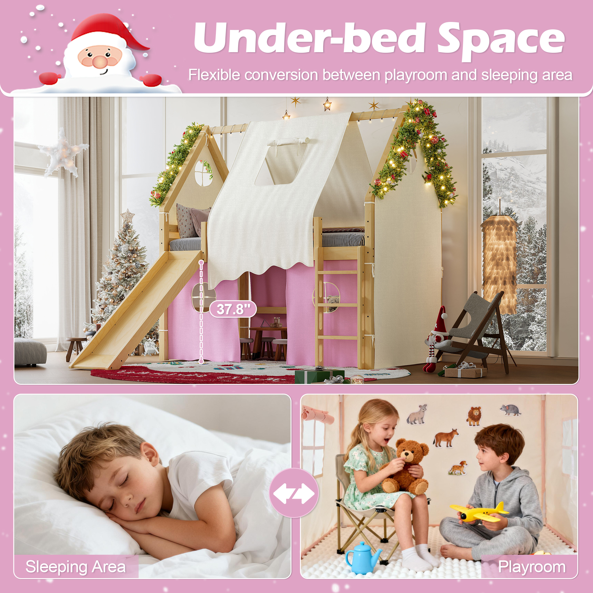 Full Size House Loft Bed with Sills and Tents, Solid Wood Loft Bed with Ladders and Slide, Chic Design with Lights, No Box Spring Needed, Natural+Pink - Image 6