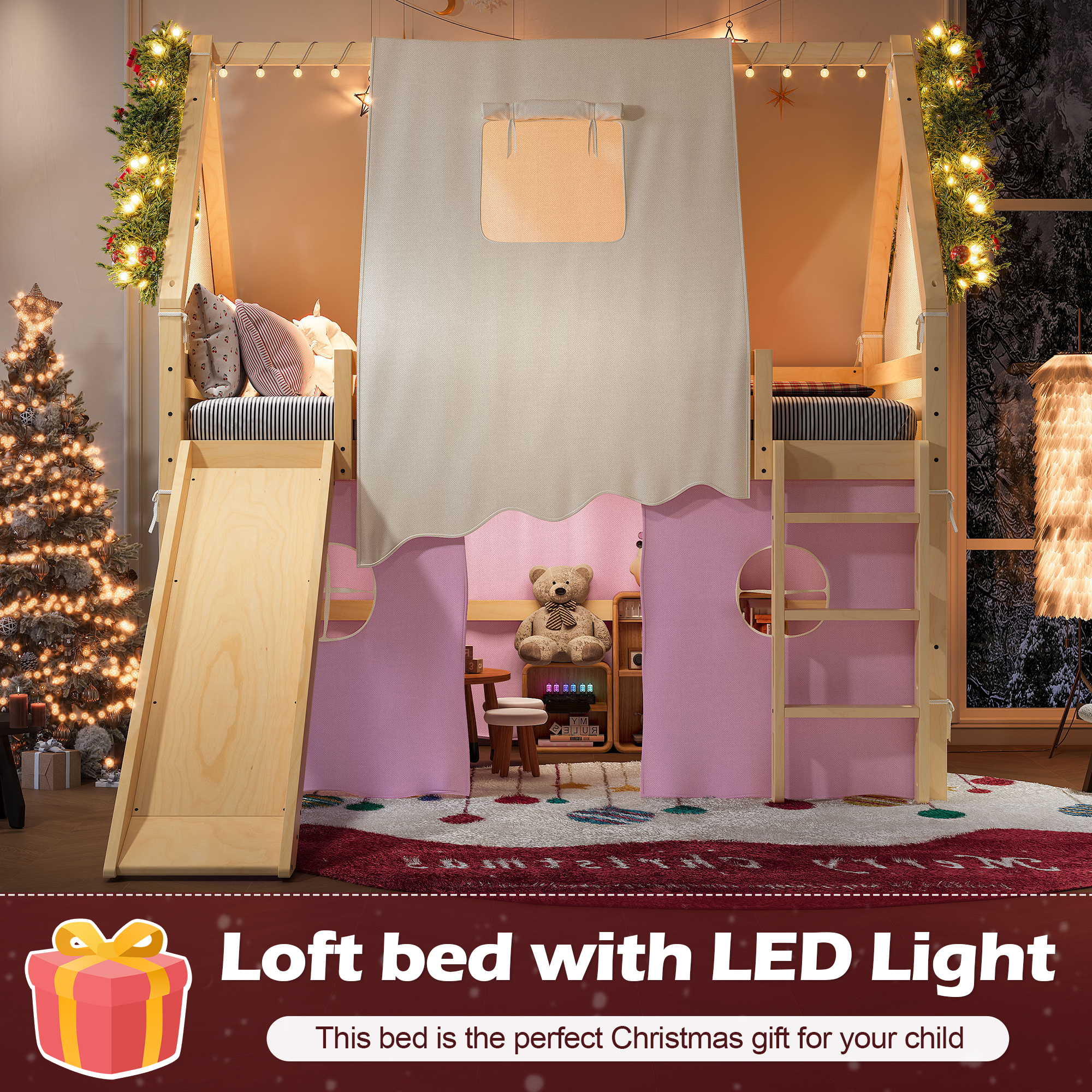 Full Size House Loft Bed with Sills and Tents, Solid Wood Loft Bed with Ladders and Slide, Chic Design with Lights, No Box Spring Needed, Natural+Pink - Image 5