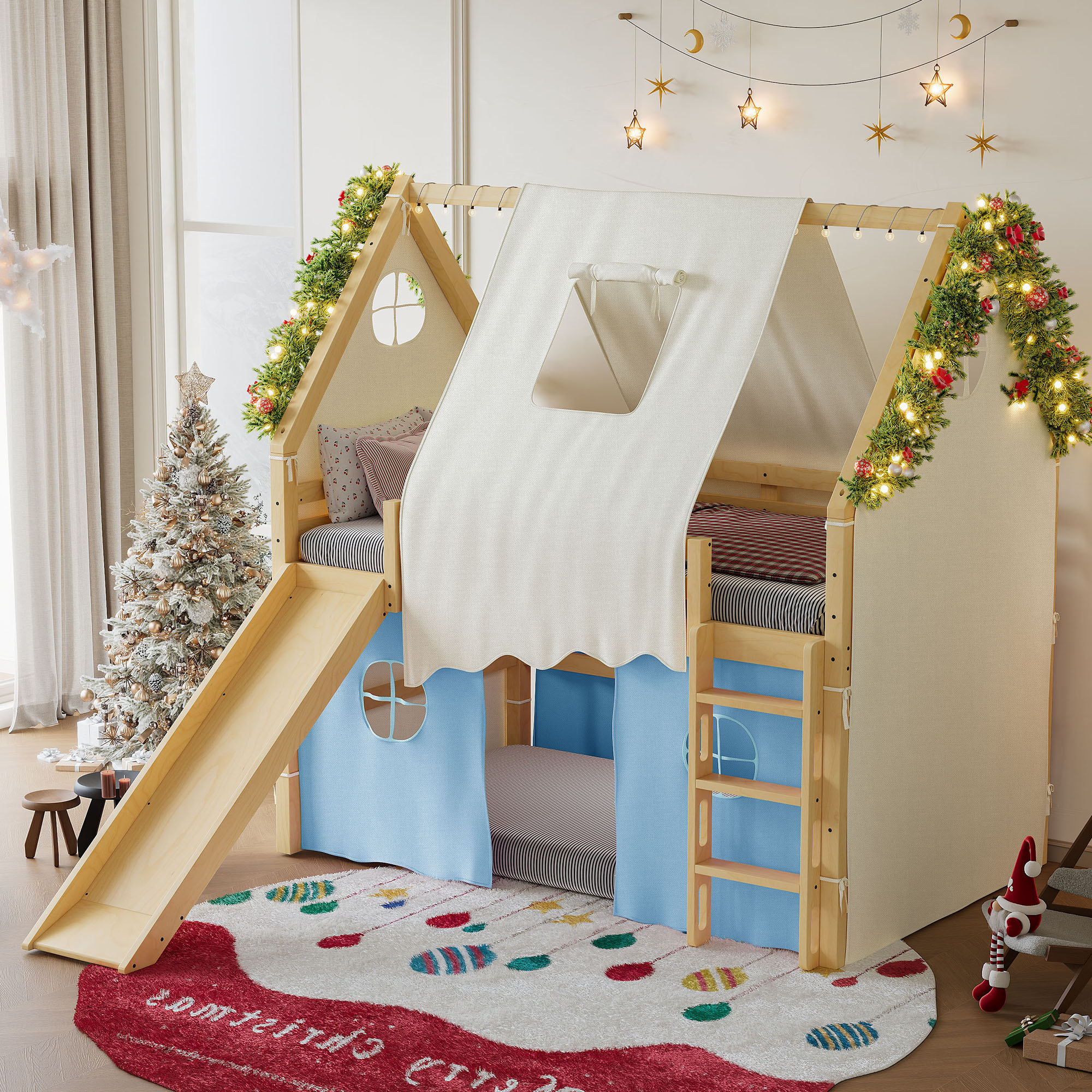 Full Size House Loft Bed with Sills and Tents, Solid Wood Loft Bed with Ladders and Slide, Chic Design with Lights, No Box Spring Needed, Natural+Blue - Image 2