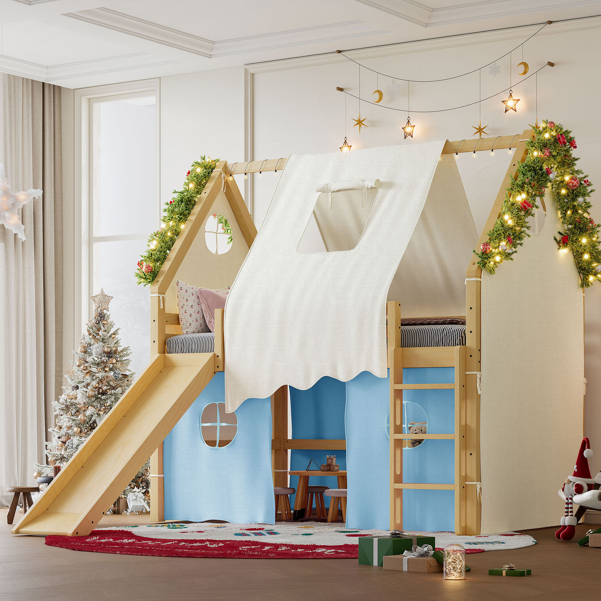 Full Size House Loft Bed with Sills and Tents, Solid Wood Loft Bed with Ladders and Slide, Chic Design with Lights, No Box Spring Needed, Natural+Blue - Image 3