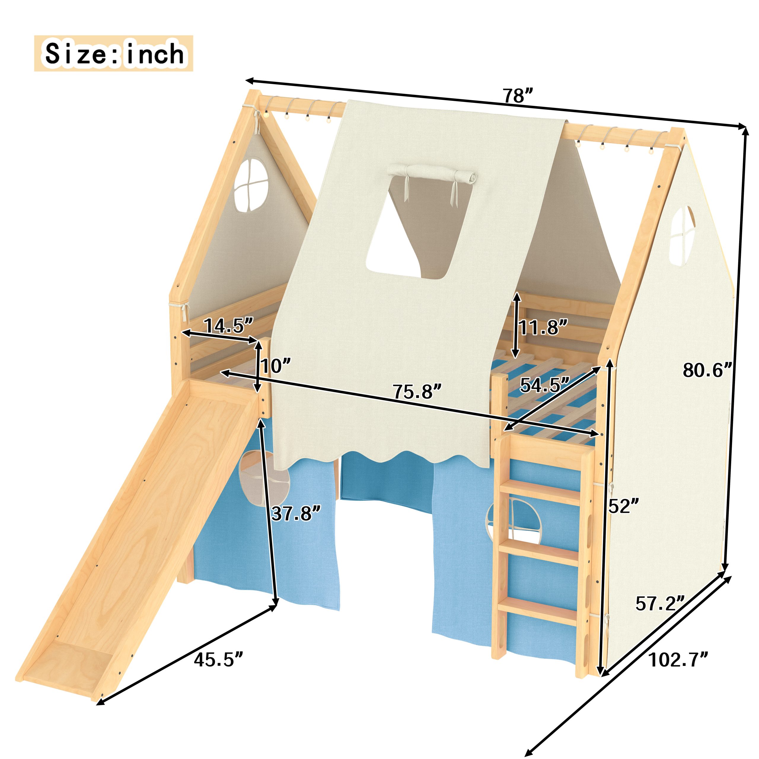 Full Size House Loft Bed with Sills and Tents, Solid Wood Loft Bed with Ladders and Slide, Chic Design with Lights, No Box Spring Needed, Natural+Blue - Image 4