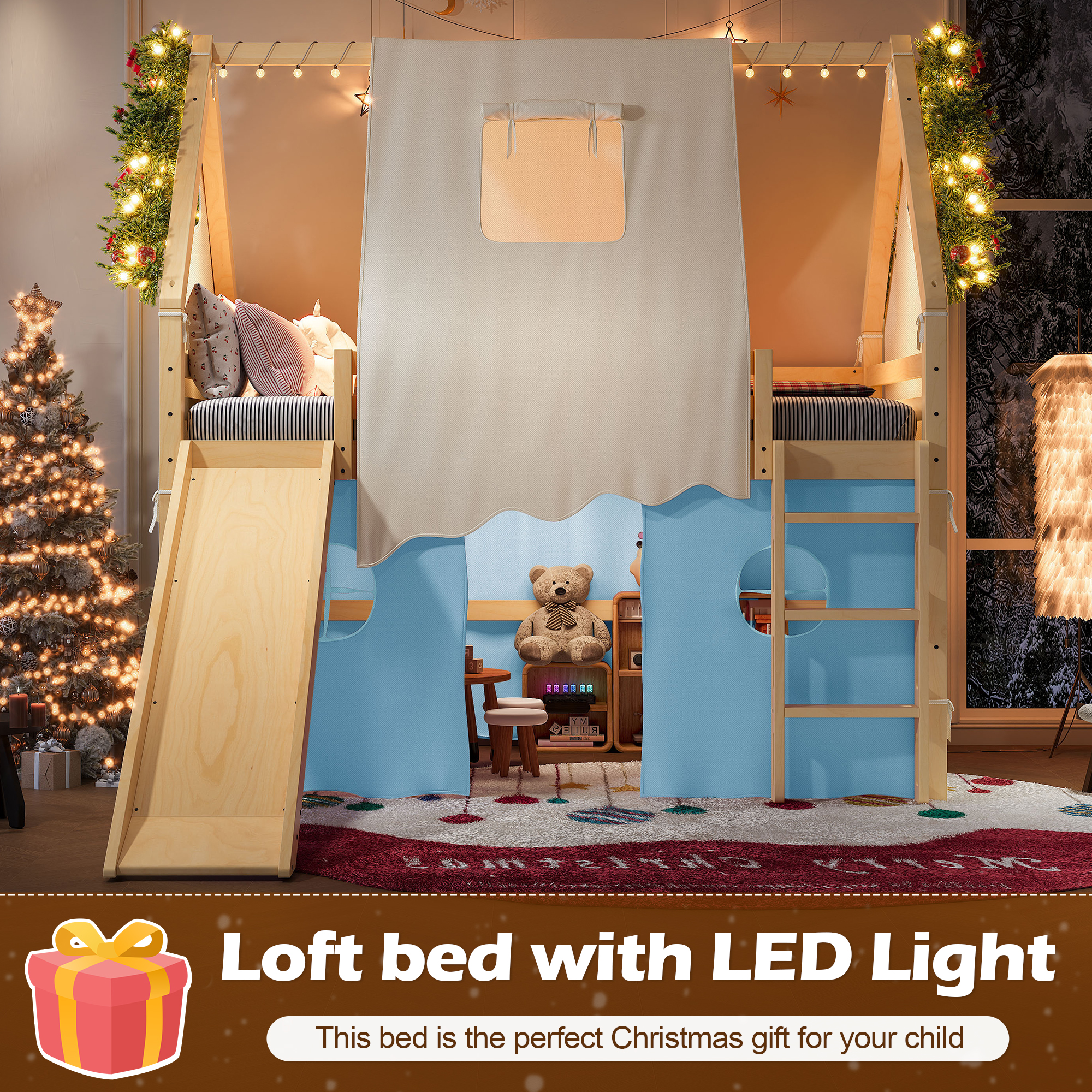 Full Size House Loft Bed with Sills and Tents, Solid Wood Loft Bed with Ladders and Slide, Chic Design with Lights, No Box Spring Needed, Natural+Blue - Image 5