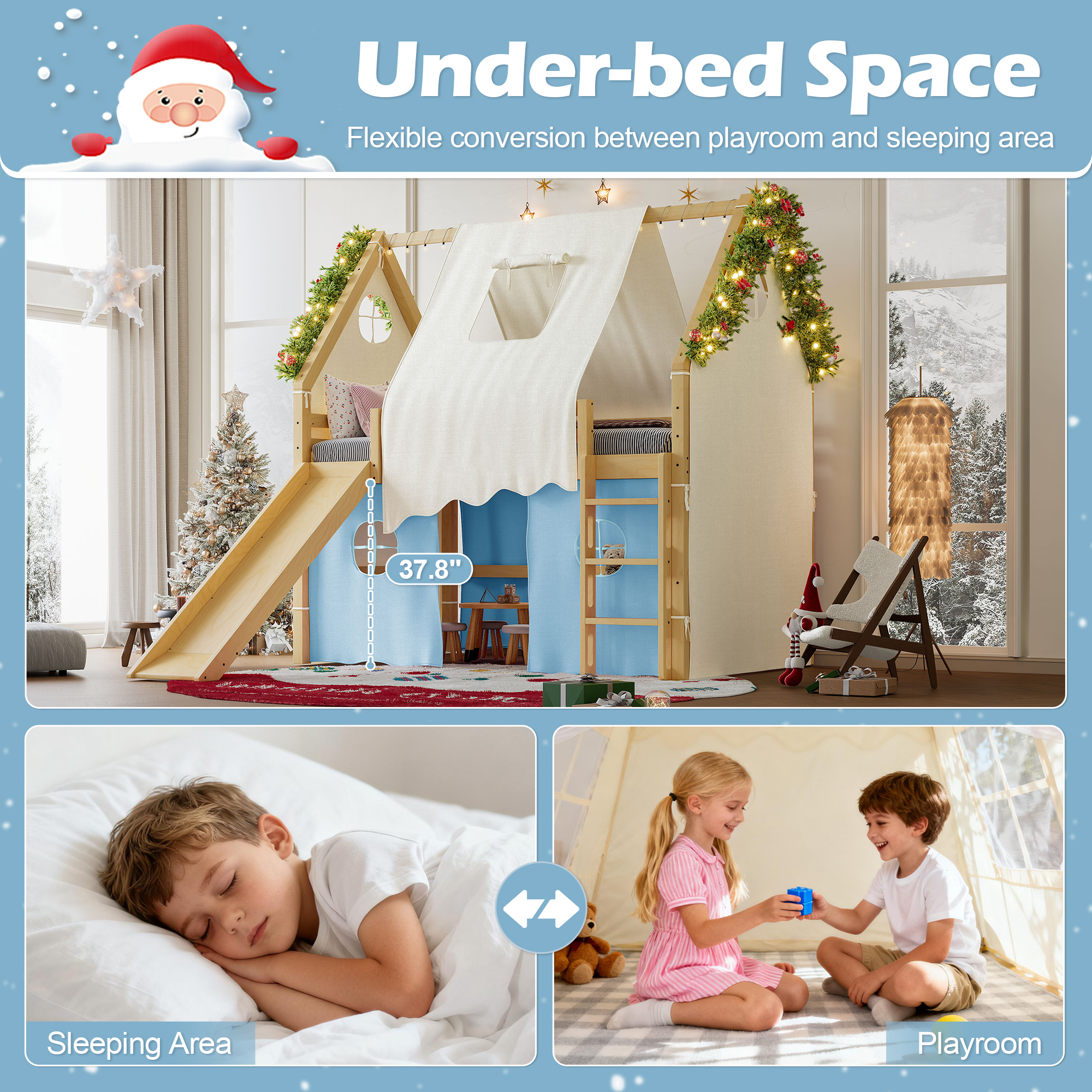 Full Size House Loft Bed with Sills and Tents, Solid Wood Loft Bed with Ladders and Slide, Chic Design with Lights, No Box Spring Needed, Natural+Blue - Image 6