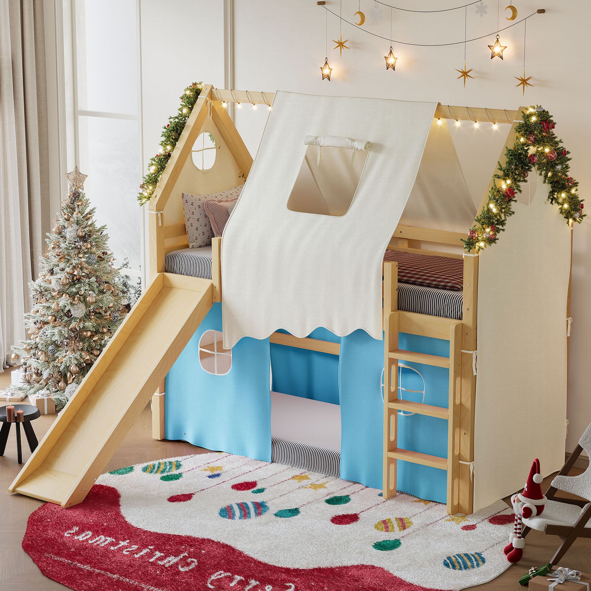 Twin Size House Loft Bed with Sills and Tents, Solid Wood Loft Bed with Ladders and Slide, Chic Design with Lights, No Box Spring Needed, Natural+Blue - Image 2