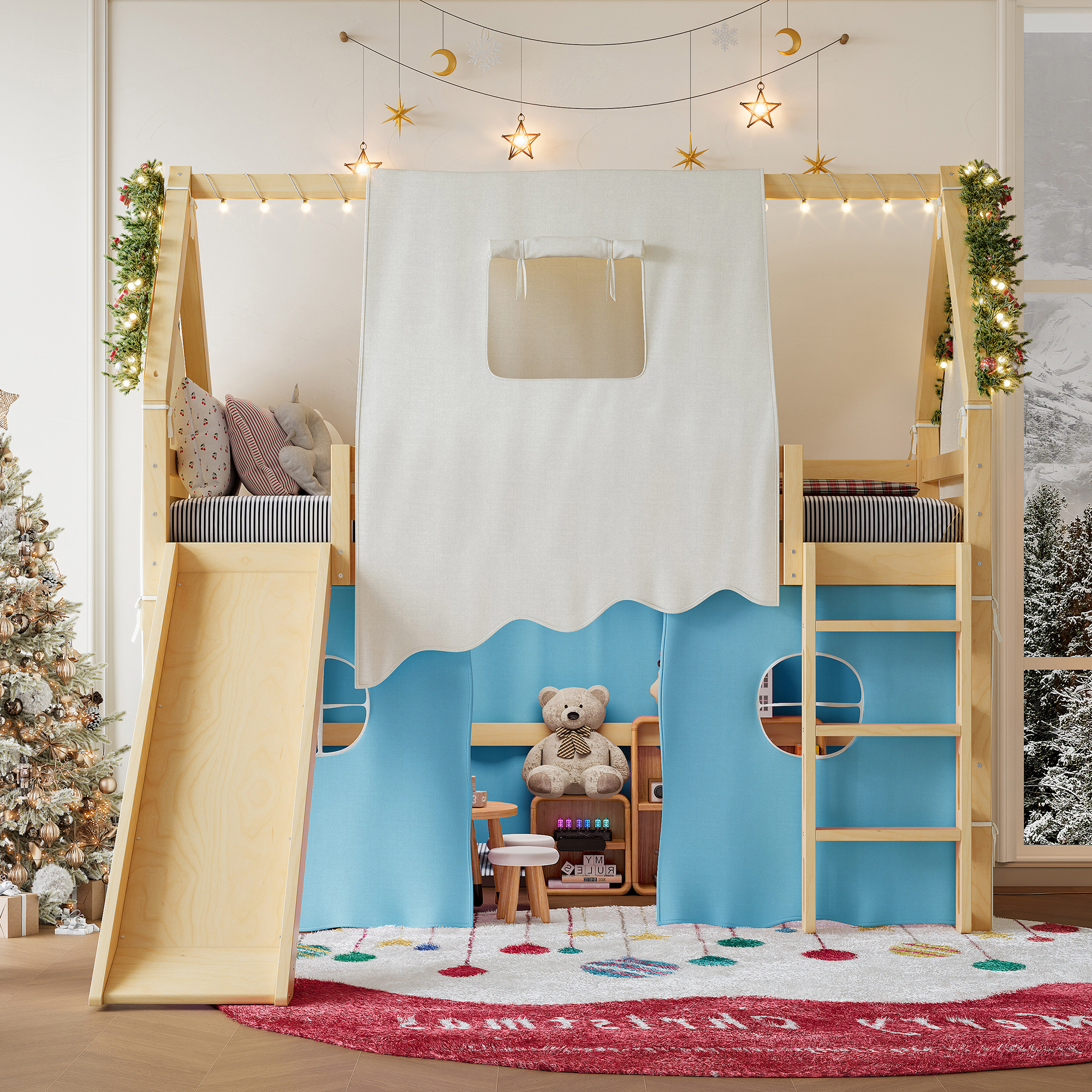 Twin Size House Loft Bed with Sills and Tents, Solid Wood Loft Bed with Ladders and Slide, Chic Design with Lights, No Box Spring Needed, Natural+Blue - Image 3
