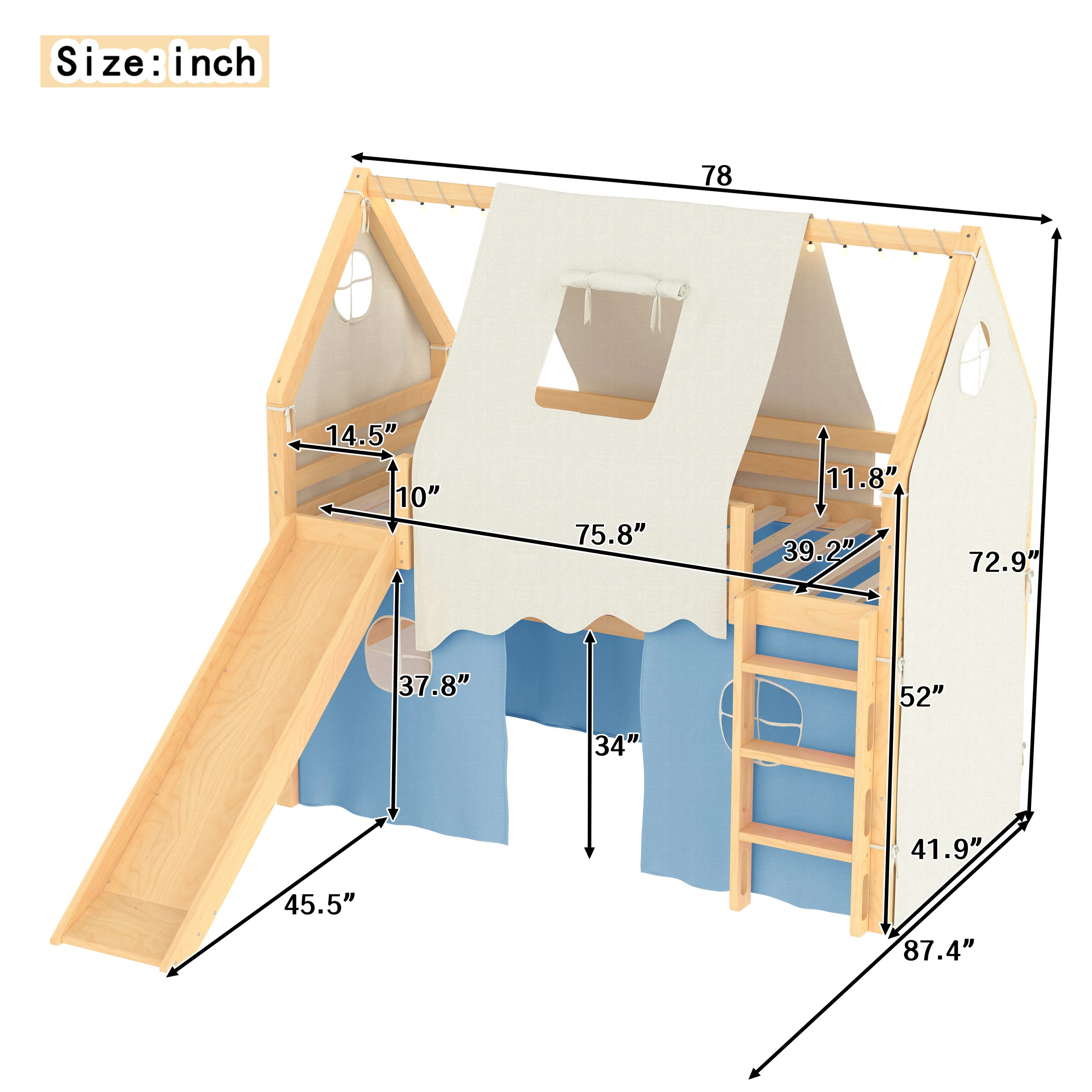 Twin Size House Loft Bed with Sills and Tents, Solid Wood Loft Bed with Ladders and Slide, Chic Design with Lights, No Box Spring Needed, Natural+Blue - Image 4