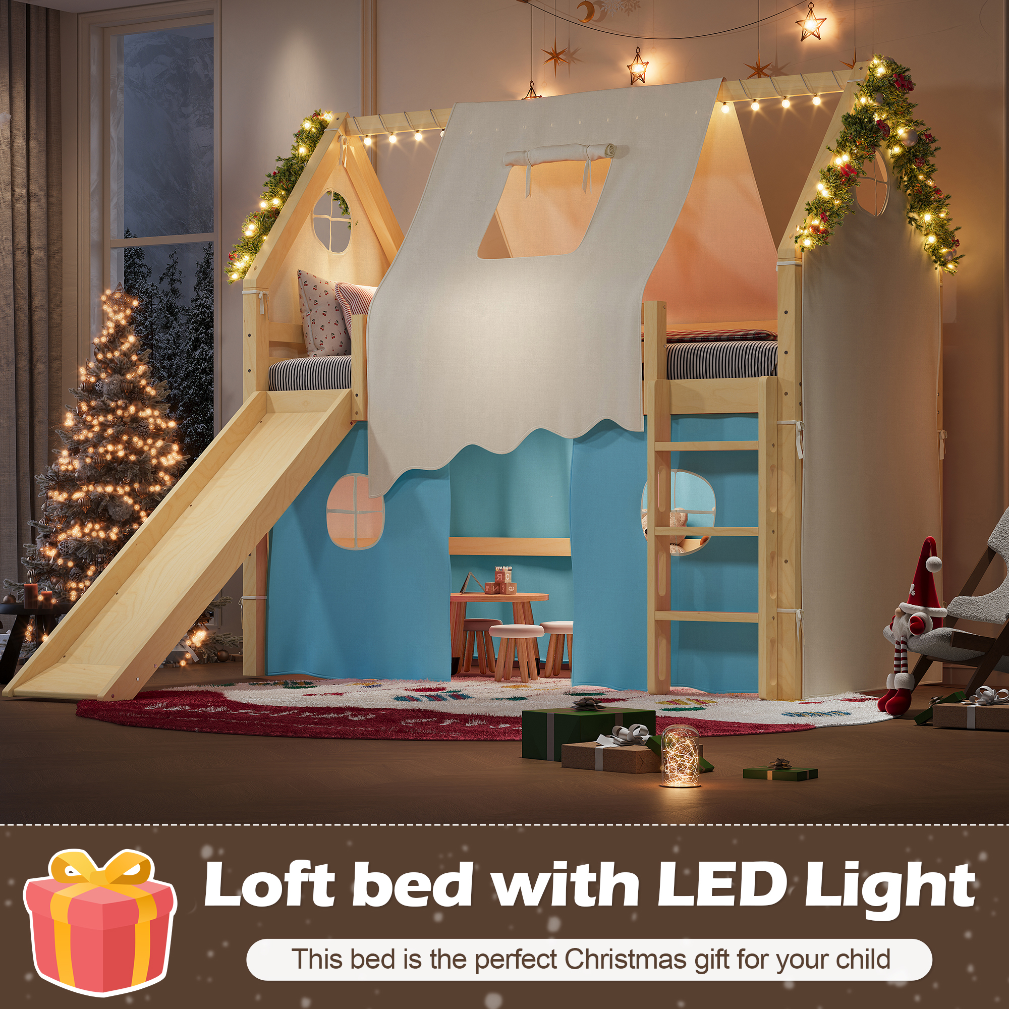 Twin Size House Loft Bed with Sills and Tents, Solid Wood Loft Bed with Ladders and Slide, Chic Design with Lights, No Box Spring Needed, Natural+Blue - Image 5