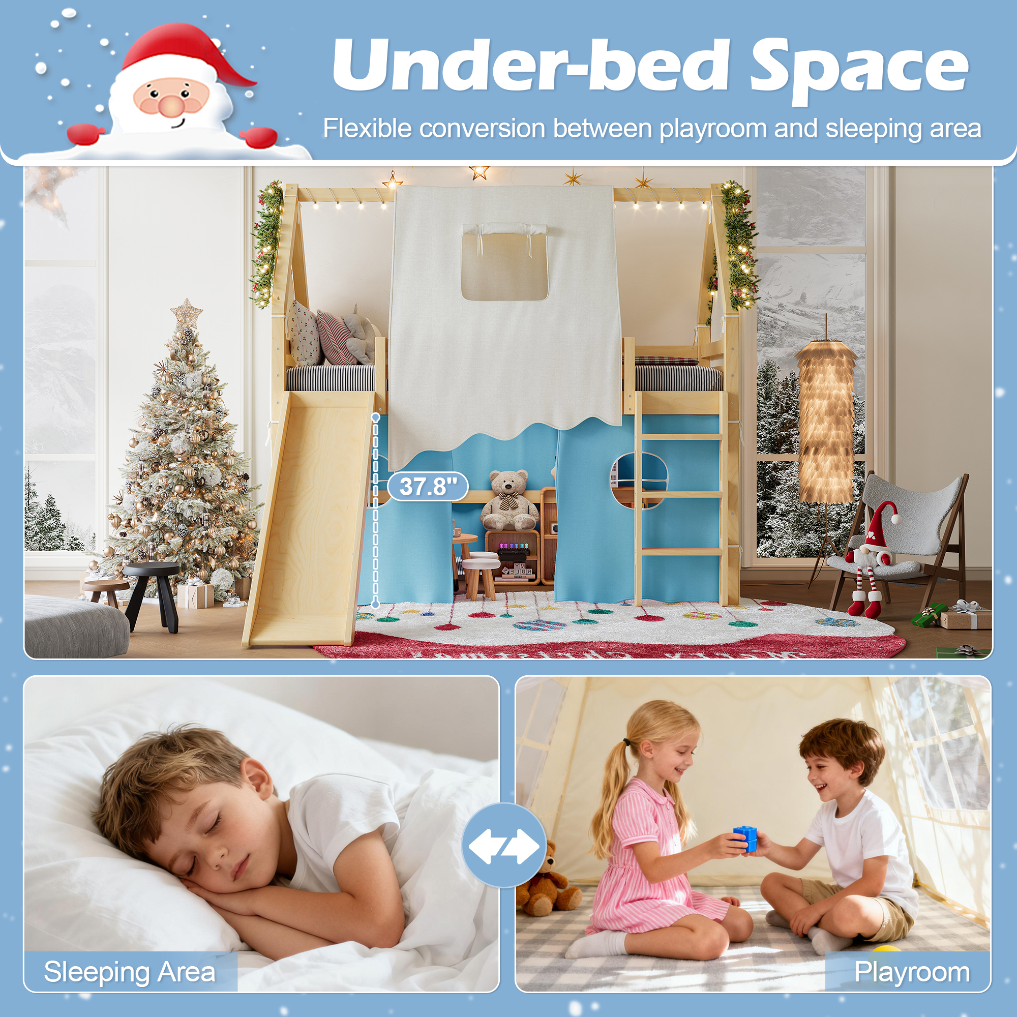 Twin Size House Loft Bed with Sills and Tents, Solid Wood Loft Bed with Ladders and Slide, Chic Design with Lights, No Box Spring Needed, Natural+Blue - Image 6
